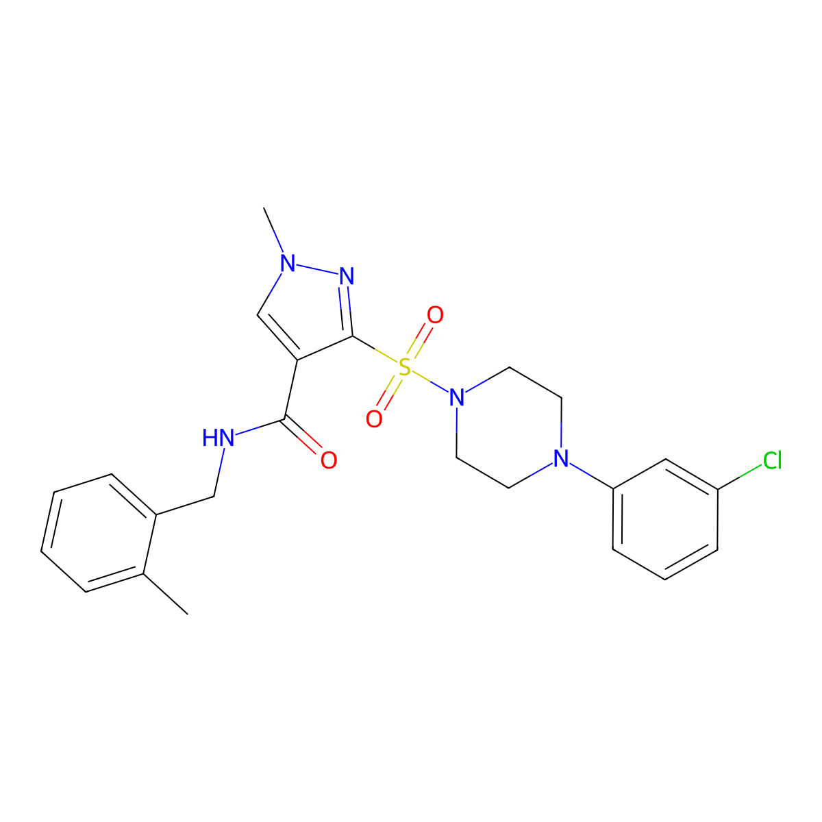 3-((4-(3-chlorophenyl)piperazin-1-yl)sulfonyl)-1-methyl-N-(2-methylbenzyl)-1H-pyrazole-4-carboxamide molecular structure, CAS 1189470-92-5