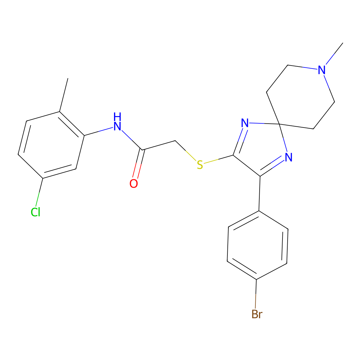 2-((3-(4-bromophenyl)-8-methyl-1,4,8-triazaspiro[4.5]deca-1,3-dien-2-yl)thio)-N-(5-chloro-2-methylphenyl)acetamide molecular structure, CAS 1189471-18-8