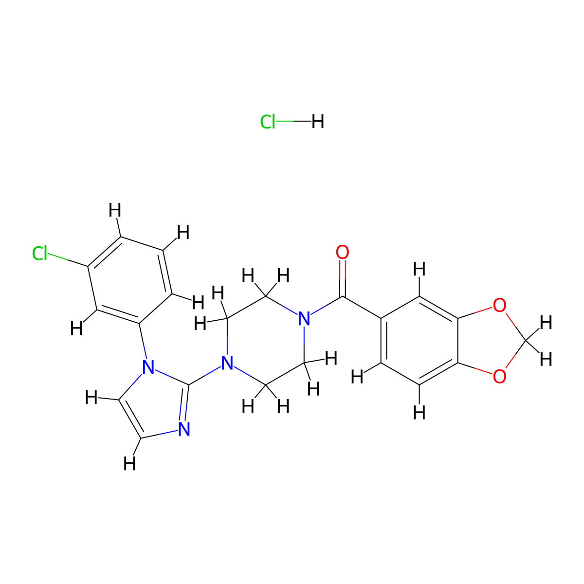 benzo[d][1,3]dioxol-5-yl(4-(1-(3-chlorophenyl)-1H-imidazol-2-yl)piperazin-1-yl)methanone hydrochloride molecular structure, CAS 1189474-25-6
