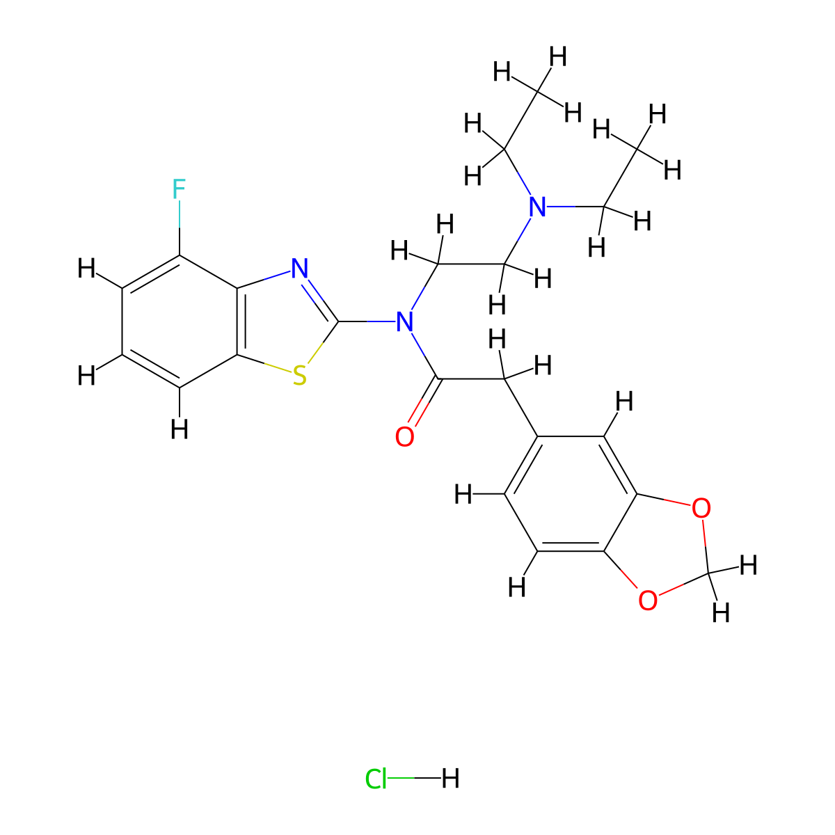 2-(benzo[d][1,3]dioxol-5-yl)-N-(2-(diethylamino)ethyl)-N-(4-fluorobenzo[d]thiazol-2-yl)acetamide hydrochloride molecular structure, CAS 1189474-30-3