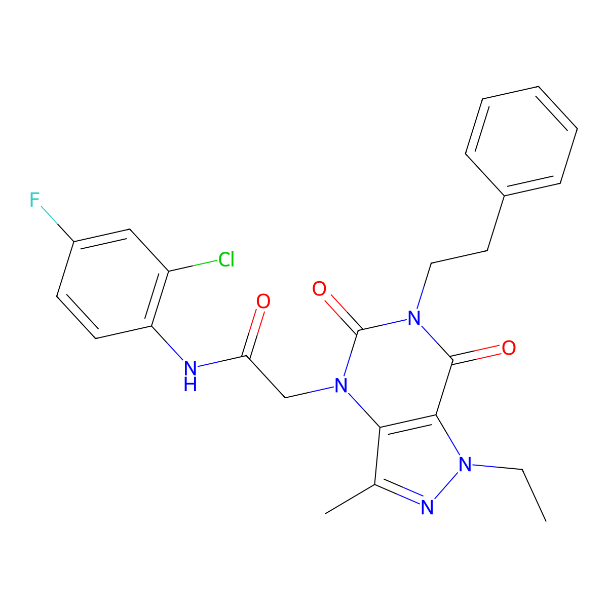 N-(2-chloro-4-fluorophenyl)-2-(1-ethyl-3-methyl-5,7-dioxo-6-phenethyl-6,7-dihydro-1H-pyrazolo[4,3-d]pyrimidin-4(5H)-yl)acetamide molecular structure, CAS 1189476-79-6