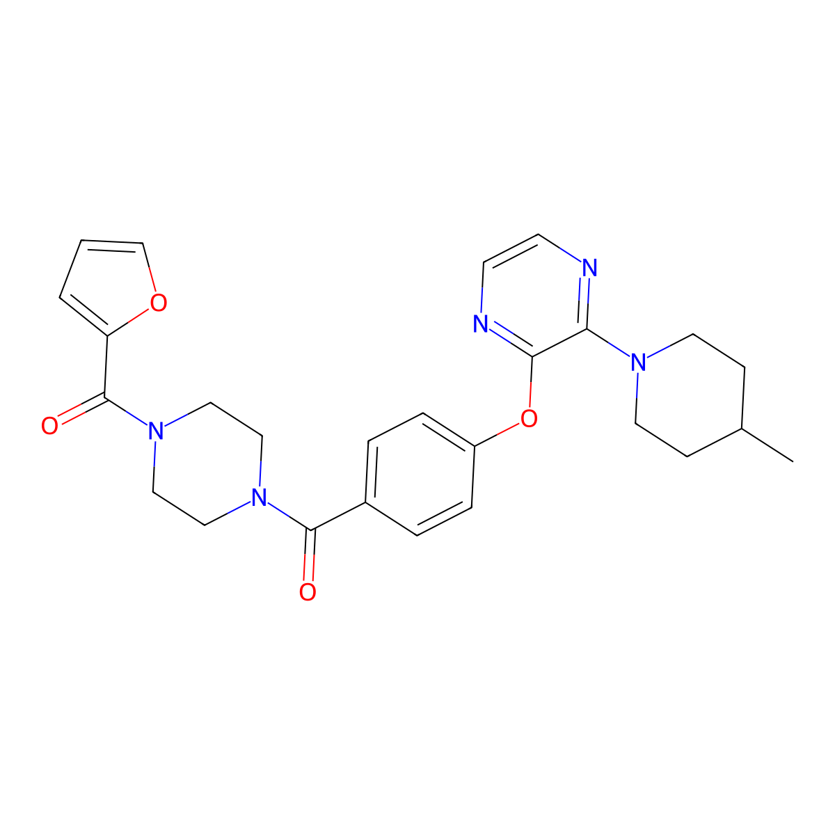 2-{4-[4-(Furan-2-carbonyl)piperazine-1-carbonyl]phenoxy}-3-(4-methylpiperidin-1-yl)pyrazine molecular structure, CAS 1189477-01-7