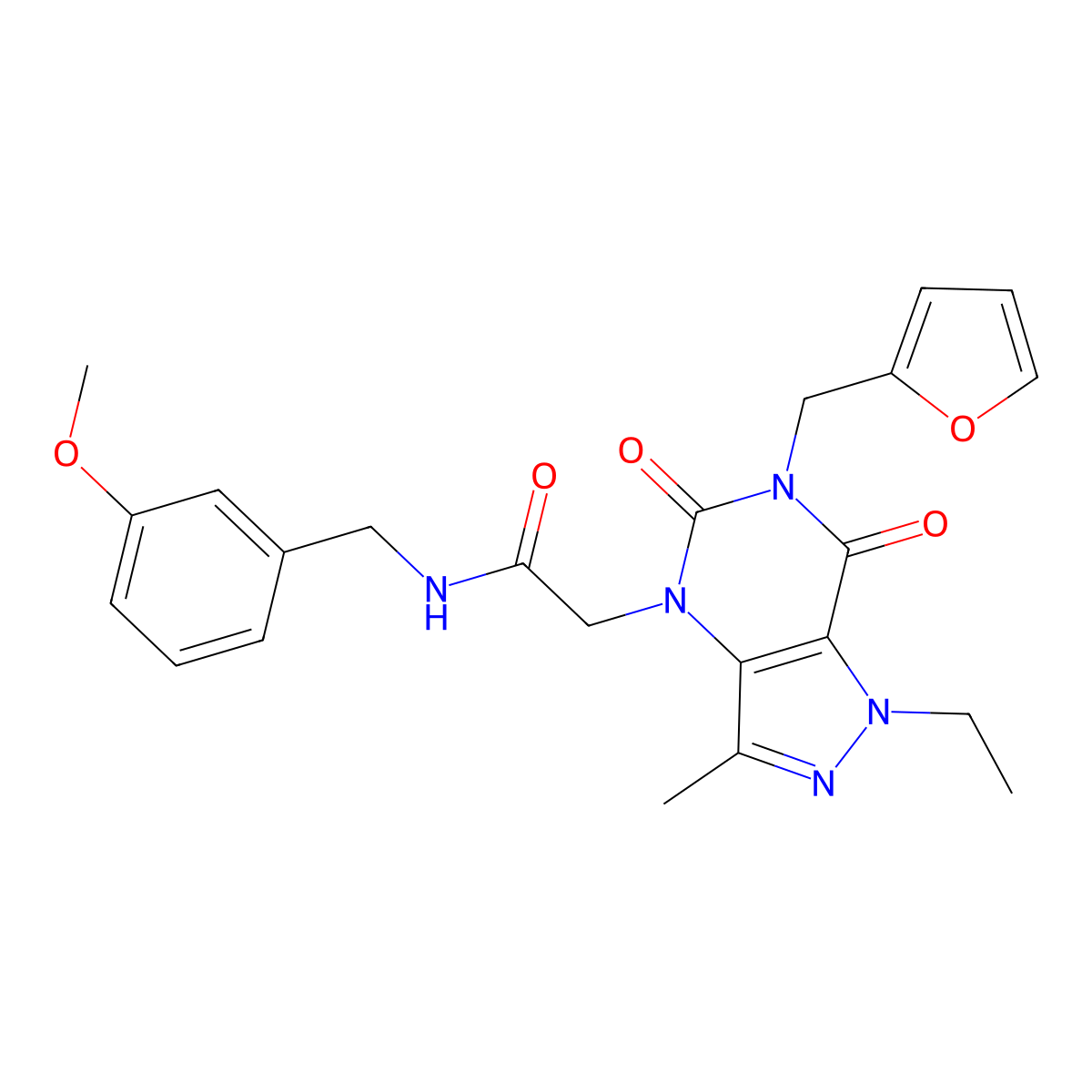2-(1-ethyl-6-(furan-2-ylmethyl)-3-methyl-5,7-dioxo-6,7-dihydro-1H-pyrazolo[4,3-d]pyrimidin-4(5H)-yl)-N-(3-methoxybenzyl)acetamide molecular structure, CAS 1189477-54-0
