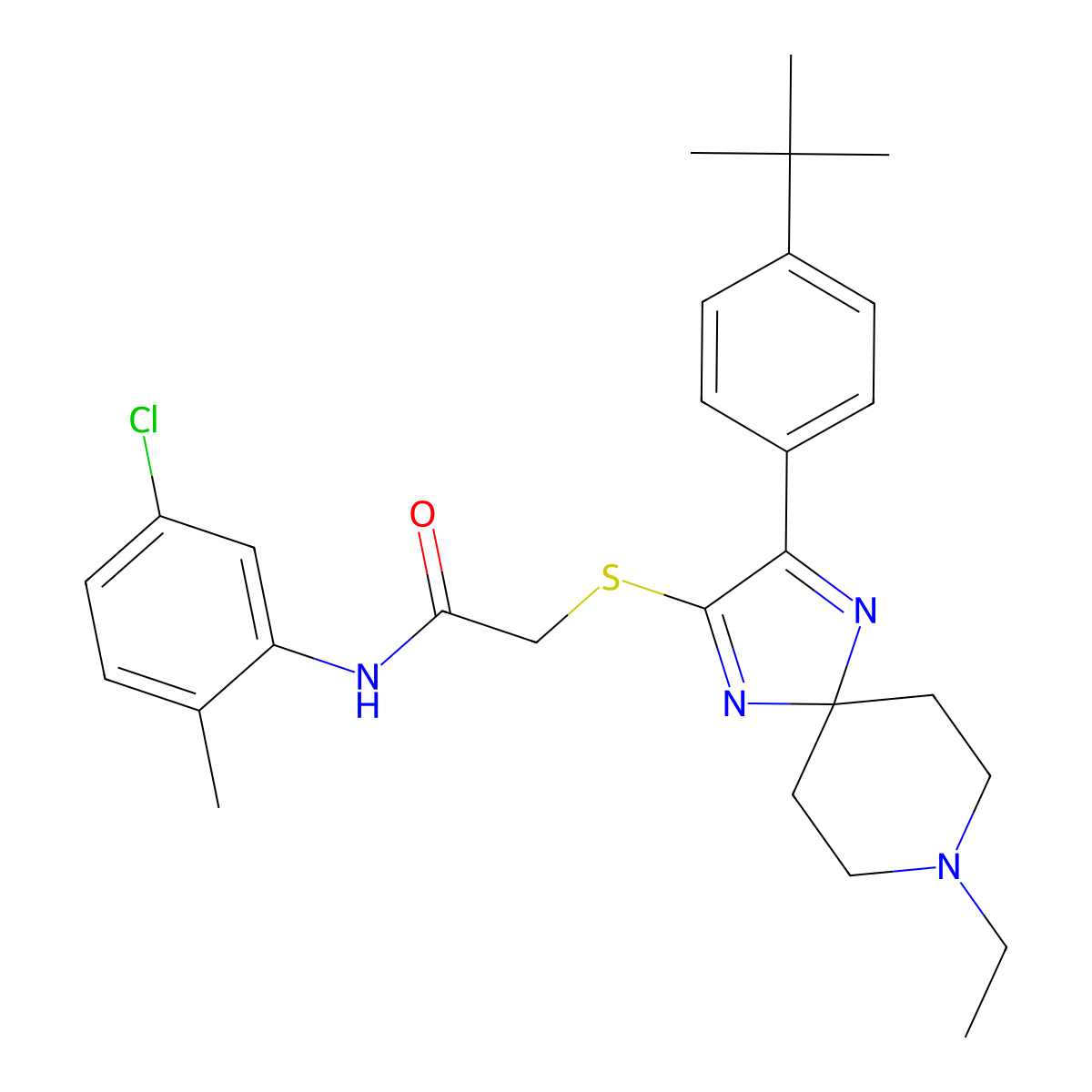 2-((3-(4-(tert-butyl)phenyl)-8-ethyl-1,4,8-triazaspiro[4.5]deca-1,3-dien-2-yl)thio)-N-(5-chloro-2-methylphenyl)acetamide molecular structure, CAS 1189478-10-1