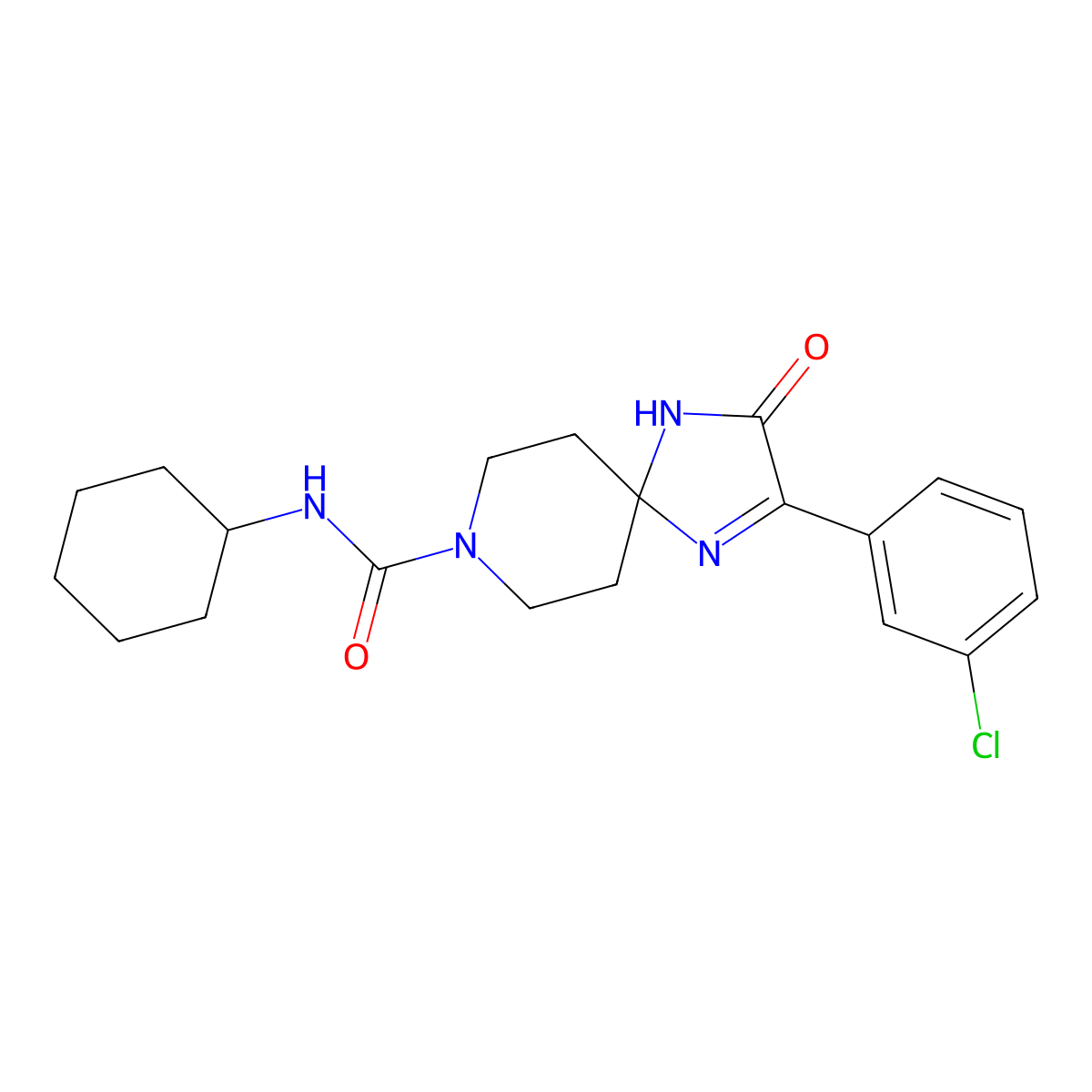 2-(3-chlorophenyl)-N-cyclohexyl-3-oxo-1,4,8-triazaspiro[4.5]dec-1-ene-8-carboxamide molecular structure, CAS 1189479-23-9