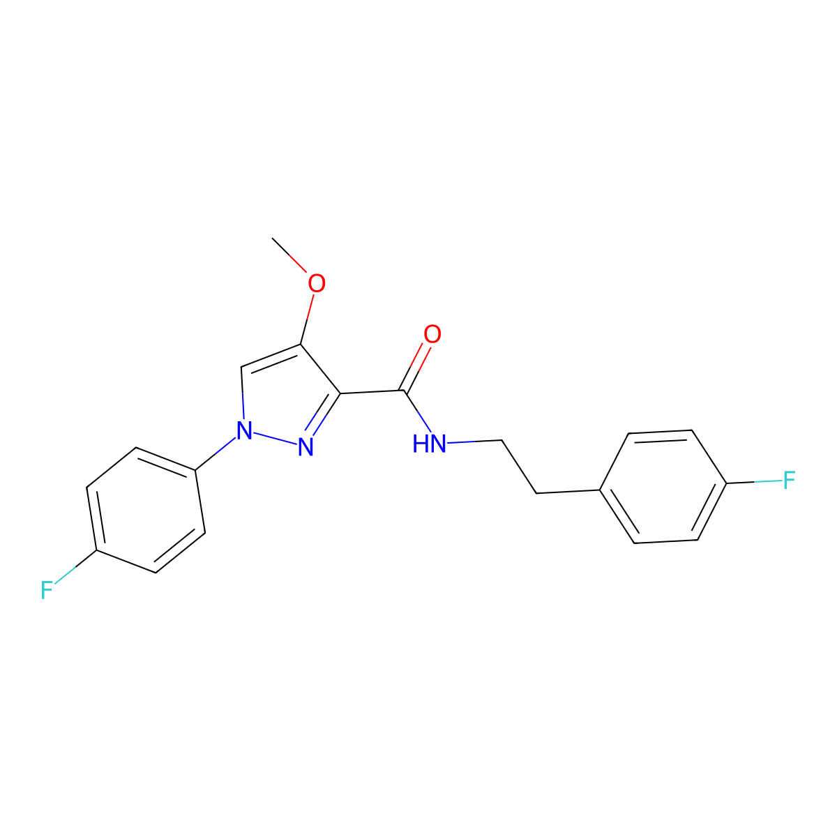 N-(4-fluorophenethyl)-1-(4-fluorophenyl)-4-methoxy-1H-pyrazole-3-carboxamide molecular structure, CAS 1189480-92-9