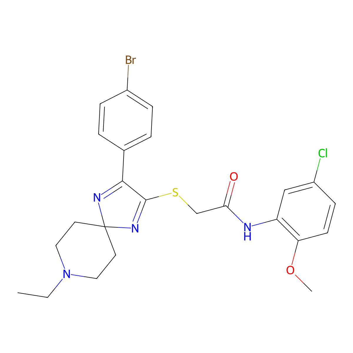 2-((3-(4-bromophenyl)-8-ethyl-1,4,8-triazaspiro[4.5]deca-1,3-dien-2-yl)thio)-N-(5-chloro-2-methoxyphenyl)acetamide molecular structure, CAS 1189484-12-5