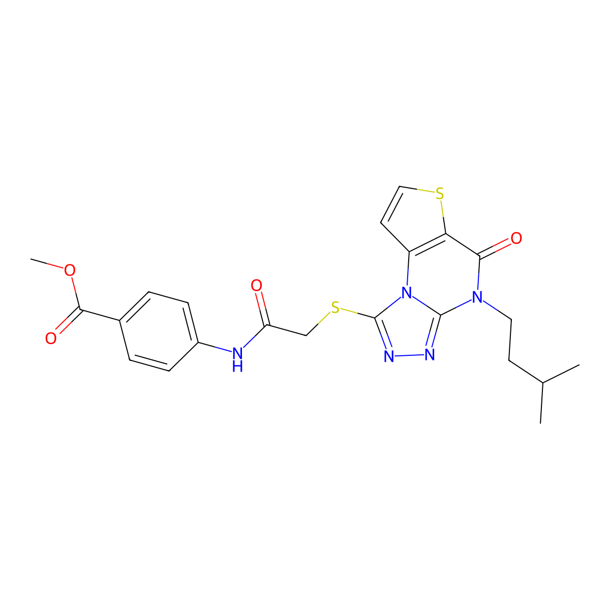 Methyl 4-(2-((4-isopentyl-5-oxo-4,5-dihydrothieno[2,3-e][1,2,4]triazolo[4,3-a]pyrimidin-1-yl)thio)acetamido)benzoate molecular structure, CAS 1189484-48-7