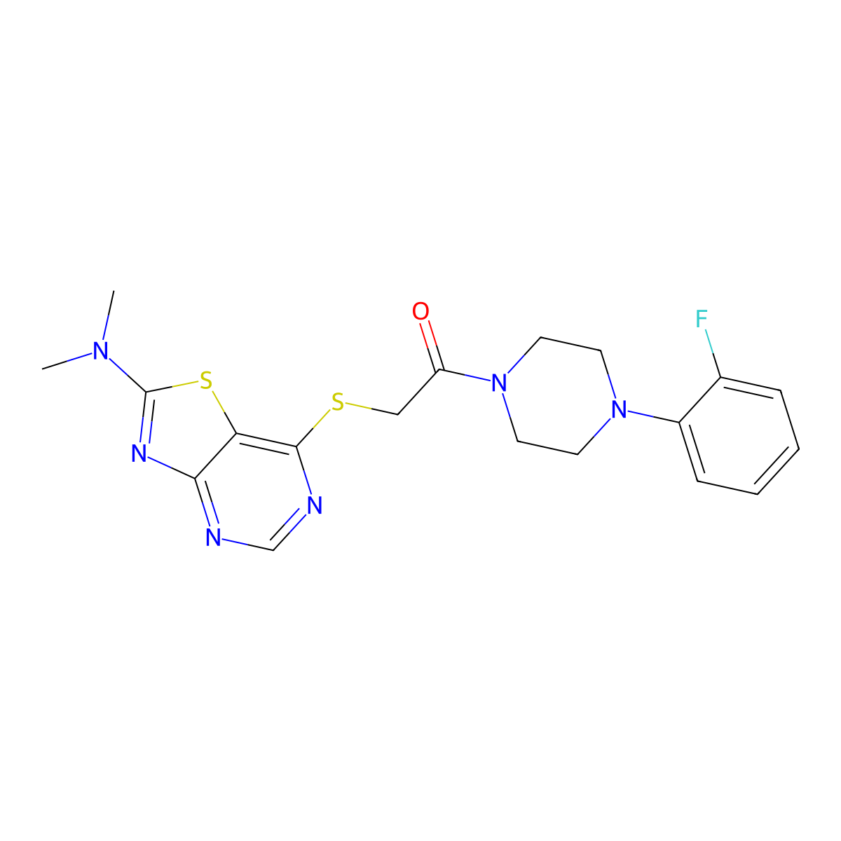 2-((2-(Dimethylamino)thiazolo[4,5-d]pyrimidin-7-yl)thio)-1-(4-(2-fluorophenyl)piperazin-1-yl)ethanone molecular structure, CAS 1189485-06-0