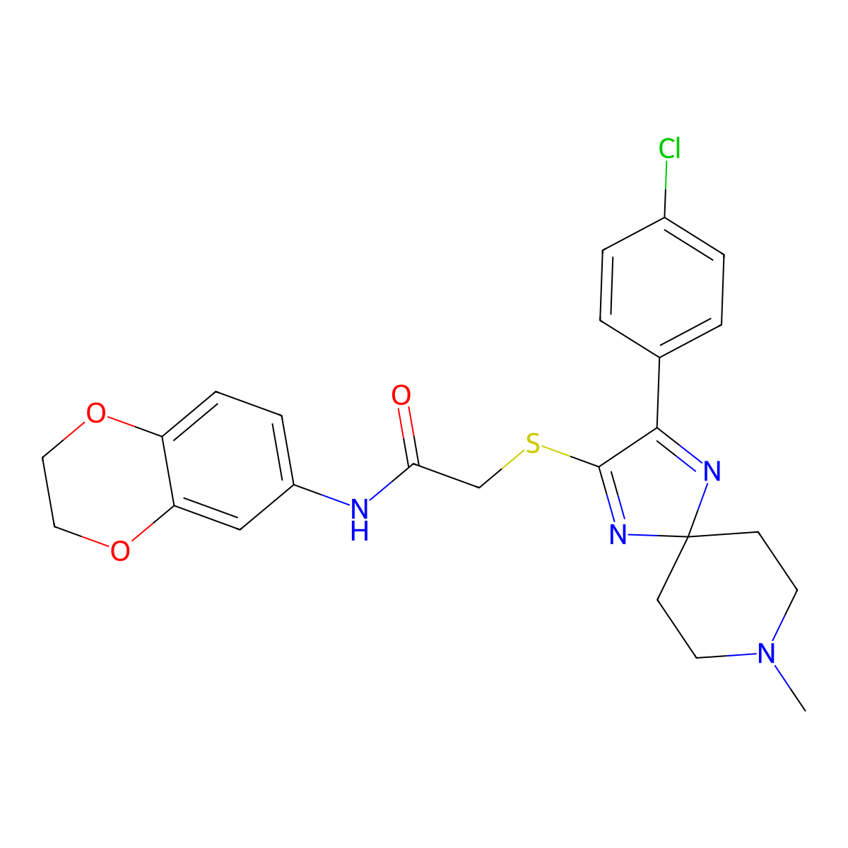 2-{[3-(4-Chlorophenyl)-8-methyl-1,4,8-triazaspiro[4.5]deca-1,3-dien-2-YL]sulfanyl}-N-(2,3-dihydro-1,4-benzodioxin-6-YL)acetamide molecular structure, CAS 1189485-18-4