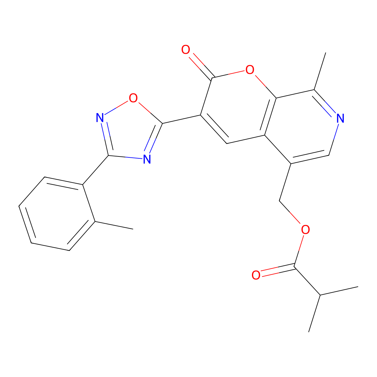 (8-methyl-2-oxo-3-(3-(o-tolyl)-1,2,4-oxadiazol-5-yl)-2H-pyrano[2,3-c]pyridin-5-yl)methyl isobutyrate molecular structure, CAS 1189486-15-4
