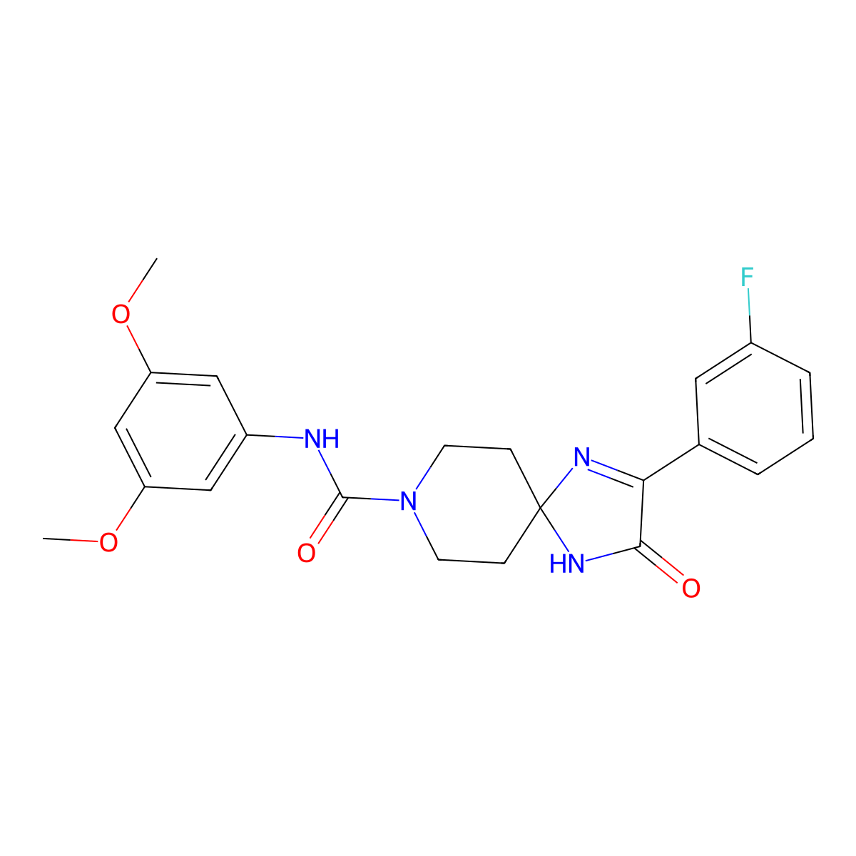 N-(3,5-dimethoxyphenyl)-2-(3-fluorophenyl)-3-oxo-1,4,8-triazaspiro[4.5]dec-1-ene-8-carboxamide molecular structure, CAS 1189488-50-3