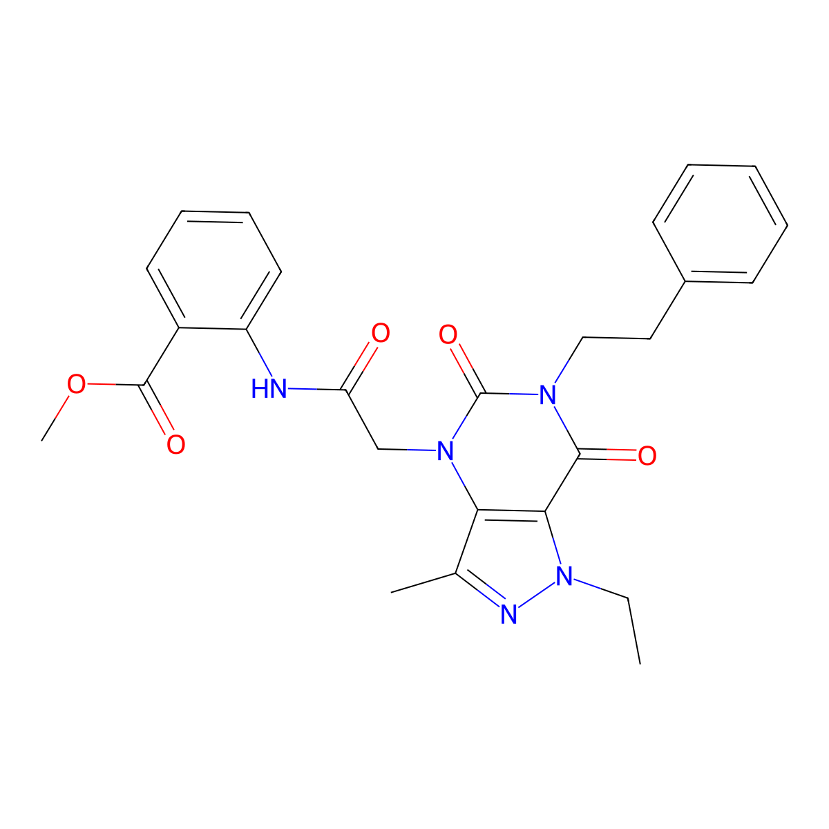 methyl 2-(2-(1-ethyl-3-methyl-5,7-dioxo-6-phenethyl-6,7-dihydro-1H-pyrazolo[4,3-d]pyrimidin-4(5H)-yl)acetamido)benzoate molecular structure, CAS 1189490-46-7