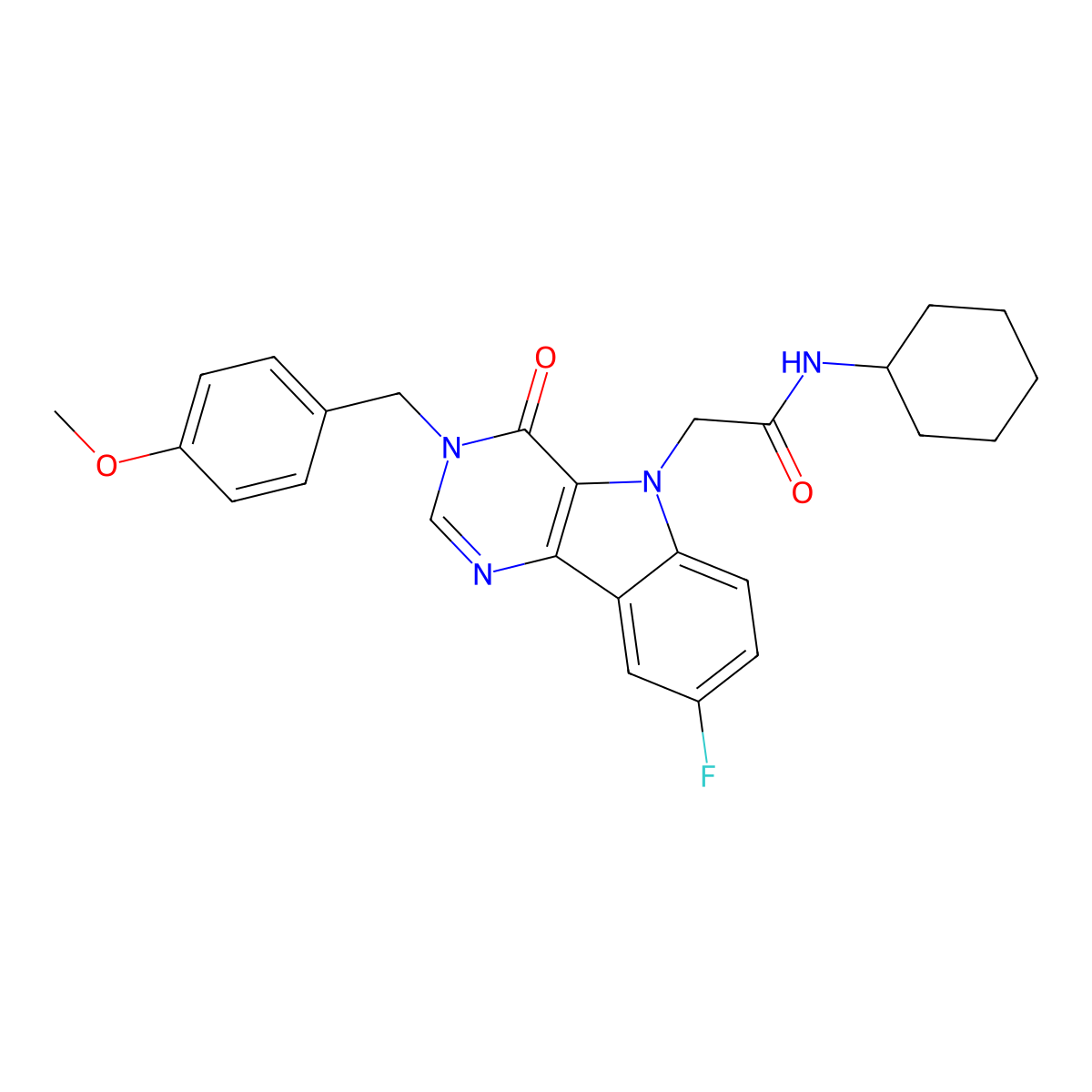 N-cyclohexyl-2-(8-fluoro-3-(4-methoxybenzyl)-4-oxo-3H-pyrimido[5,4-b]indol-5(4H)-yl)acetamide molecular structure, CAS 1189491-65-3