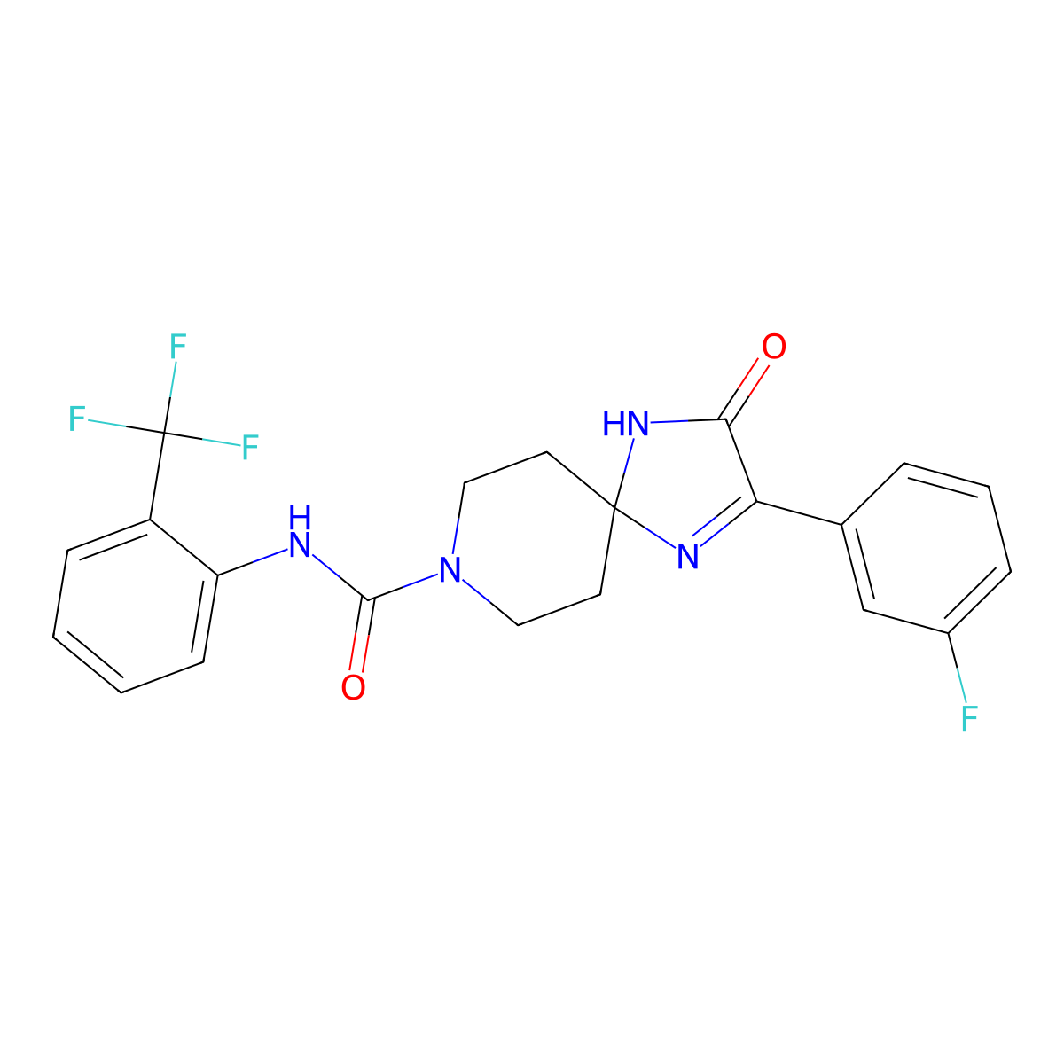 2-(3-fluorophenyl)-3-oxo-N-(2-(trifluoromethyl)phenyl)-1,4,8-triazaspiro[4.5]dec-1-ene-8-carboxamide molecular structure, CAS 1189491-97-1