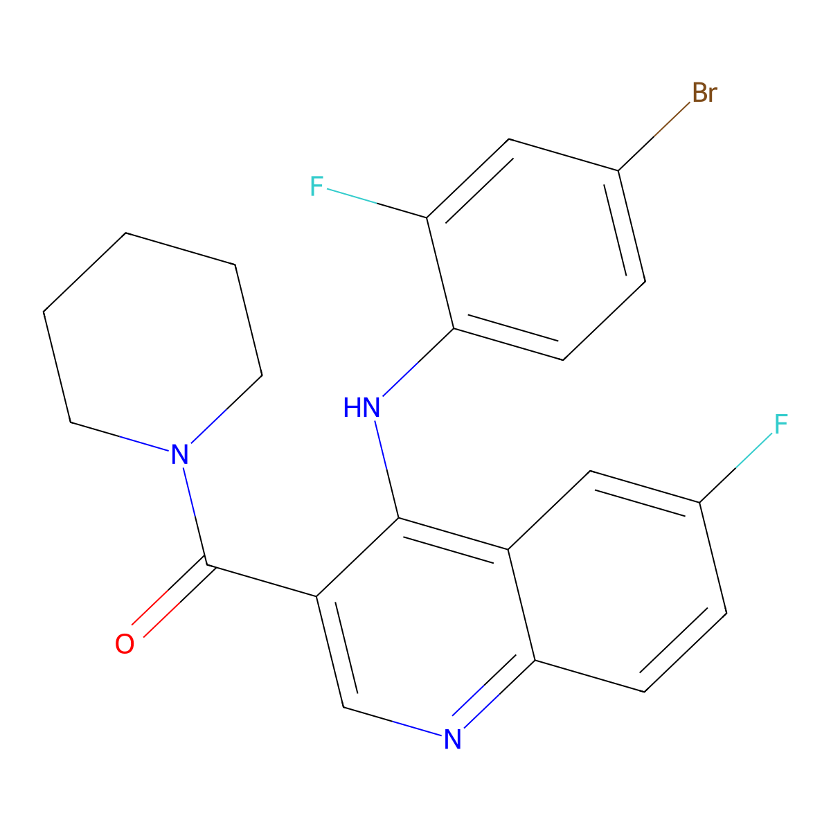 (4-((4-Bromo-2-fluorophenyl)amino)-6-fluoroquinolin-3-yl)(piperidin-1-yl)methanone molecular structure, CAS 1189494-21-0