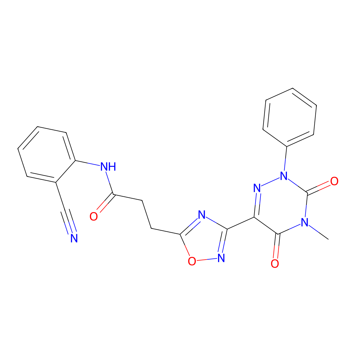N-(2-cyanophenyl)-3-[3-(4-methyl-3,5-dioxo-2-phenyl-2,3,4,5-tetrahydro-1,2,4-triazin-6-yl)-1,2,4-oxadiazol-5-yl]propanamide molecular structure, CAS 1189494-85-6