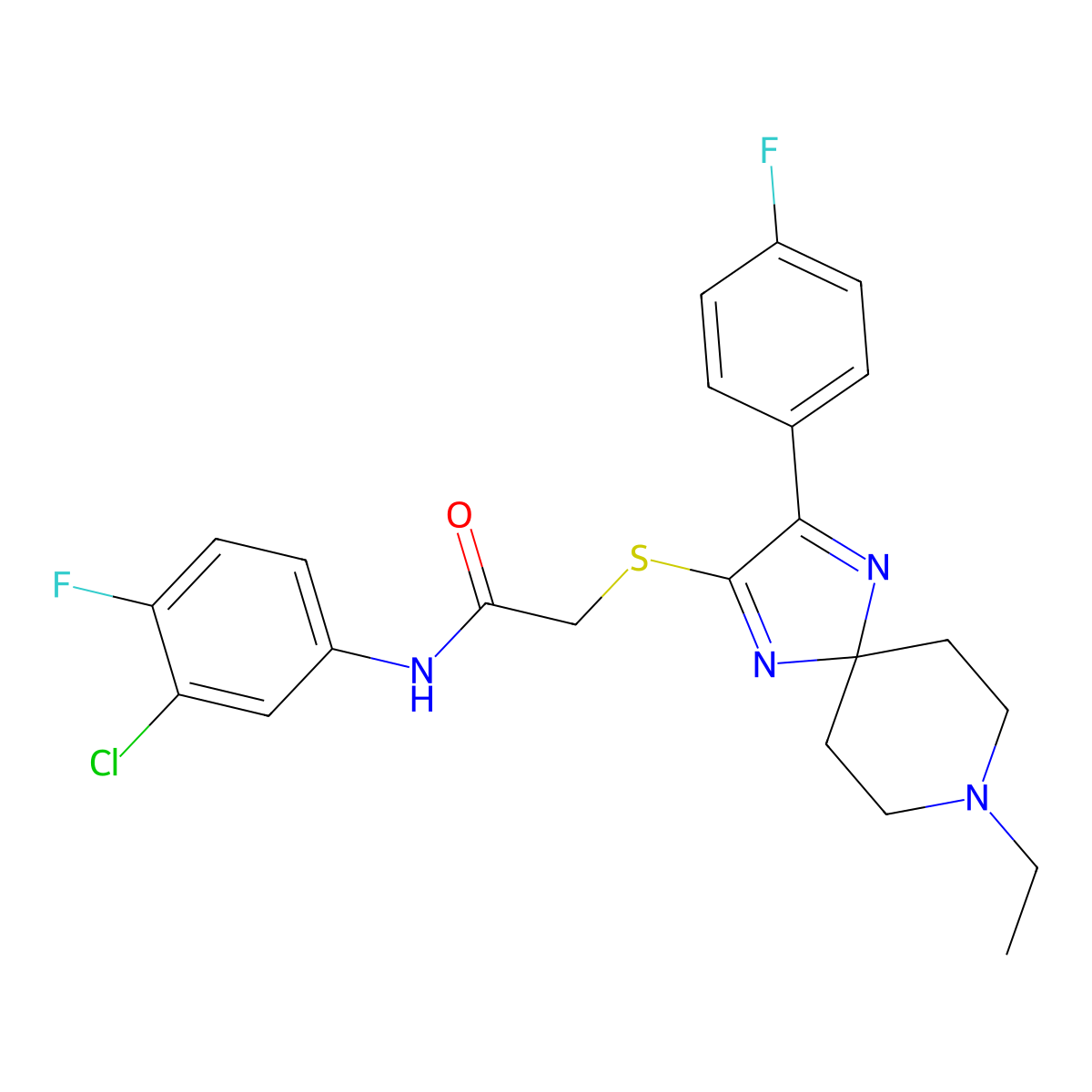 N-(3-chloro-4-fluorophenyl)-2-((8-ethyl-3-(4-fluorophenyl)-1,4,8-triazaspiro[4.5]deca-1,3-dien-2-yl)thio)acetamide molecular structure, CAS 1189495-11-1