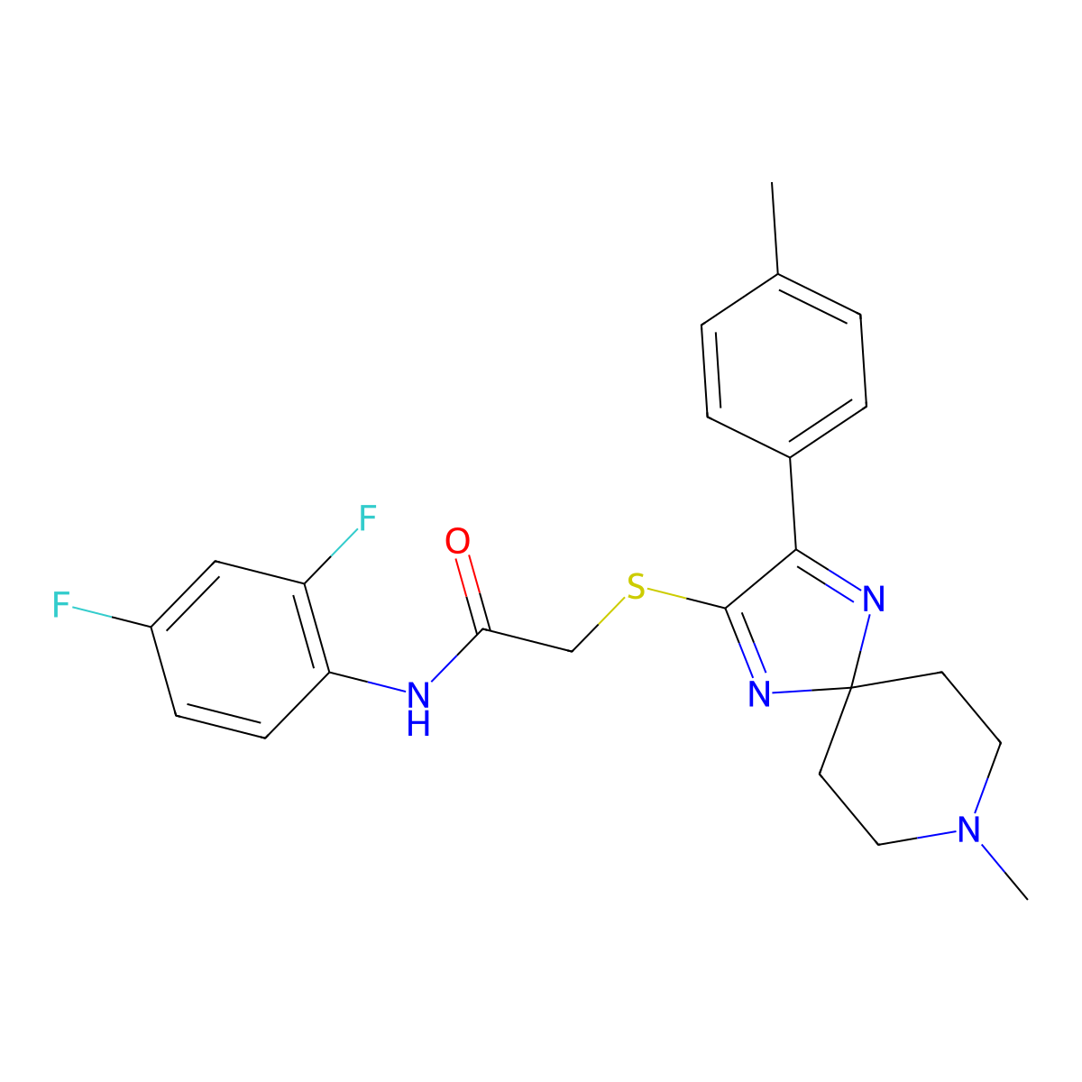 N-(2,4-difluorophenyl)-2-((8-methyl-3-(p-tolyl)-1,4,8-triazaspiro[4.5]deca-1,3-dien-2-yl)thio)acetamide molecular structure, CAS 1189495-51-9