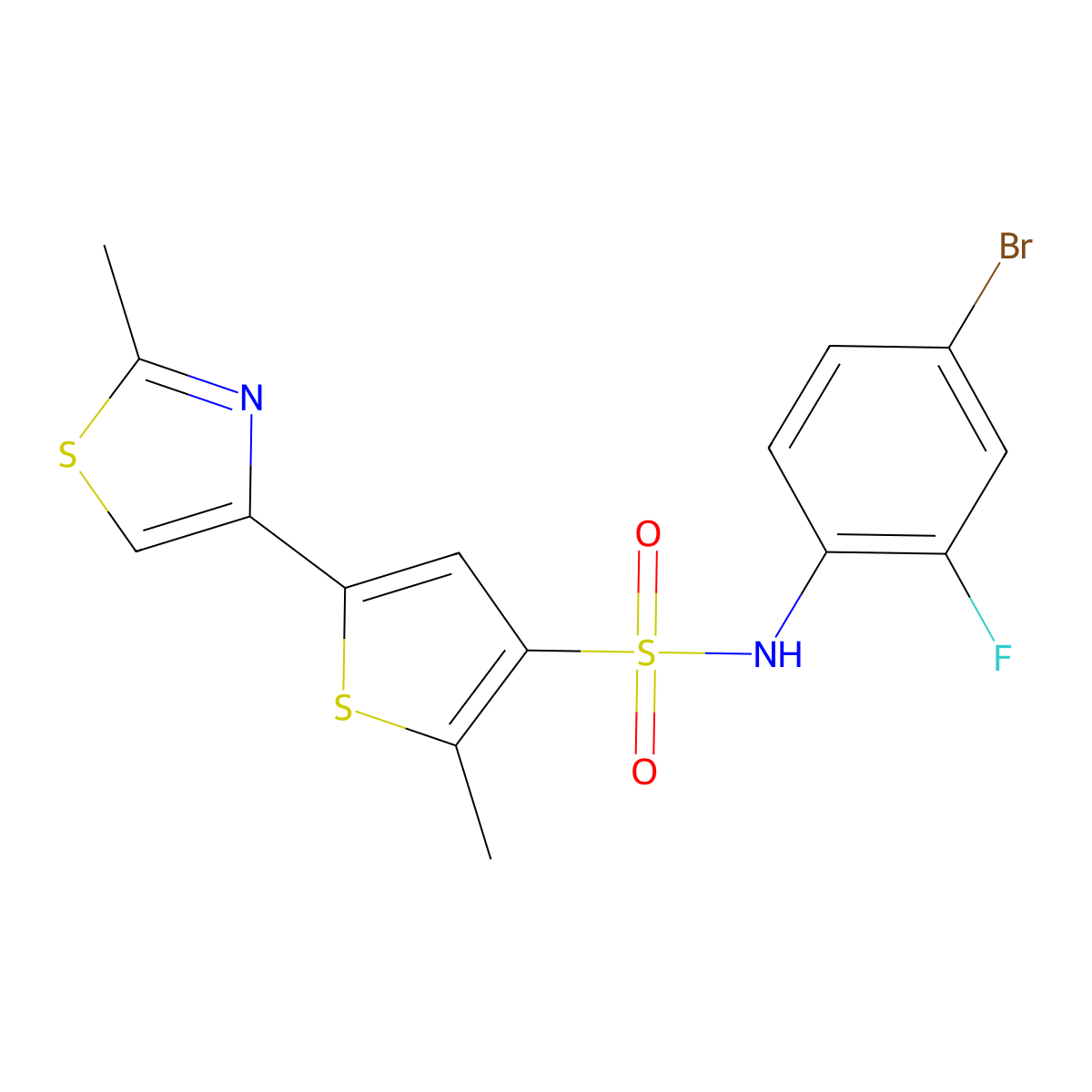N-(4-bromo-2-fluorophenyl)-2-methyl-5-(2-methyl-1,3-thiazol-4-yl)thiophene-3-sulfonamide molecular structure, CAS 1189495-81-5