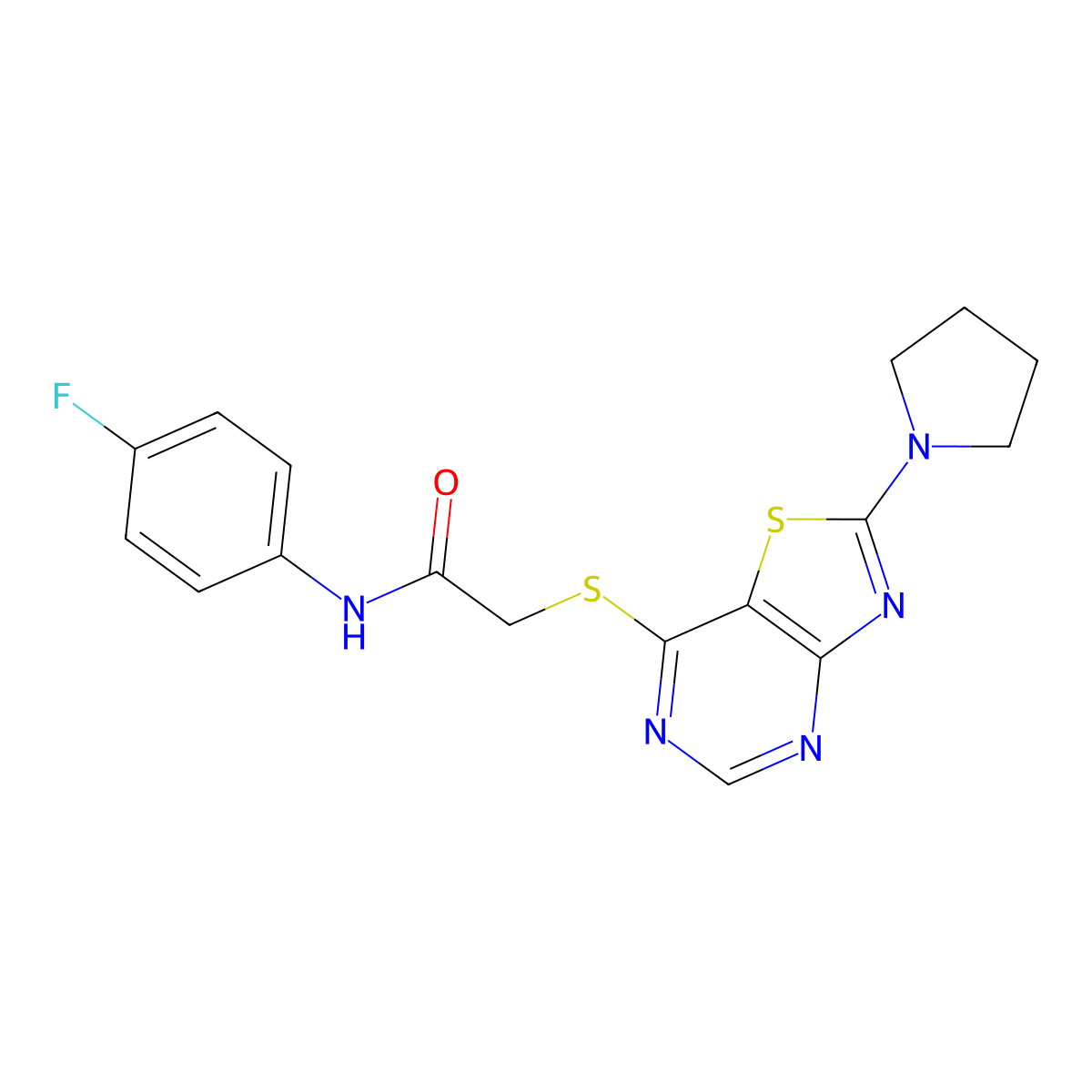 N-(4-fluorophenyl)-2-((2-(pyrrolidin-1-yl)thiazolo[4,5-d]pyrimidin-7-yl)thio)acetamide molecular structure, CAS 1189496-87-4