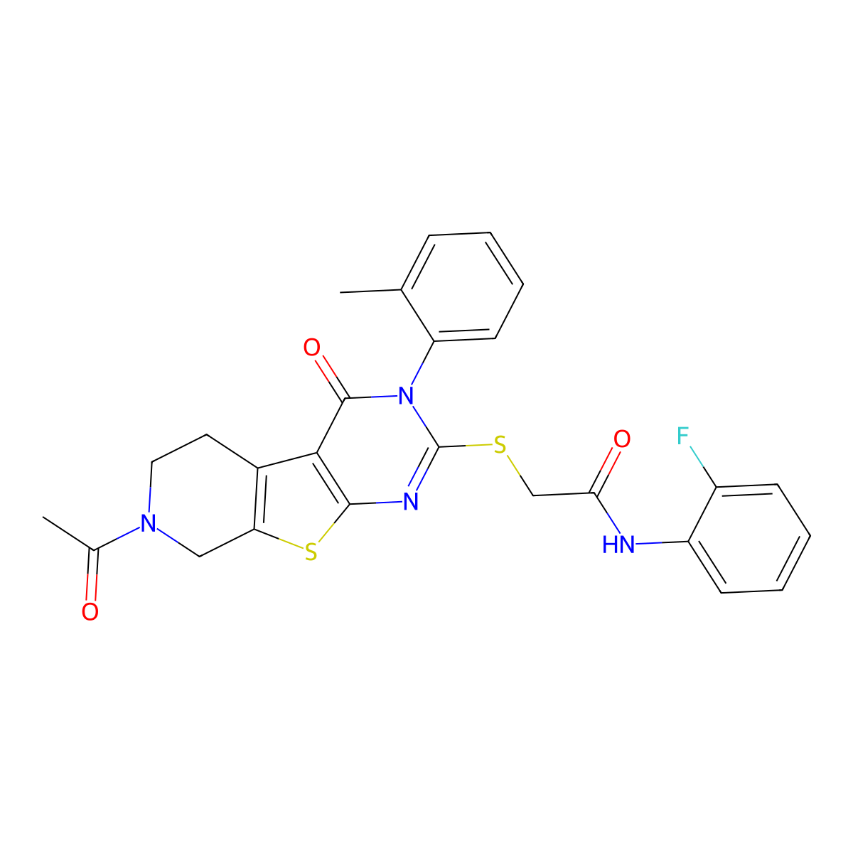 2-((7-acetyl-4-oxo-3-(o-tolyl)-3,4,5,6,7,8-hexahydropyrido[4',3':4,5]thieno[2,3-d]pyrimidin-2-yl)thio)-N-(2-fluorophenyl)acetamide molecular structure, CAS 1189501-86-7