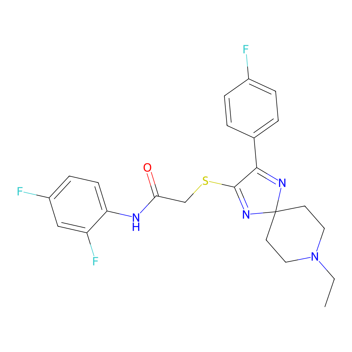 N-(2,4-difluorophenyl)-2-((8-ethyl-3-(4-fluorophenyl)-1,4,8-triazaspiro[4.5]deca-1,3-dien-2-yl)thio)acetamide molecular structure, CAS 1189502-35-9