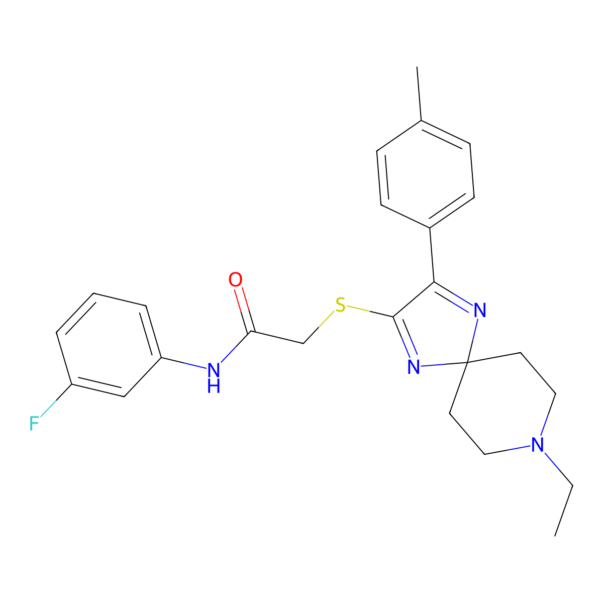 2-((8-ethyl-3-(p-tolyl)-1,4,8-triazaspiro[4.5]deca-1,3-dien-2-yl)thio)-N-(3-fluorophenyl)acetamide molecular structure, CAS 1189504-06-0