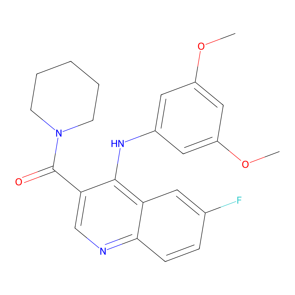 (4-((3,5-Dimethoxyphenyl)amino)-6-fluoroquinolin-3-yl)(piperidin-1-yl)methanone molecular structure, CAS 1189507-31-0