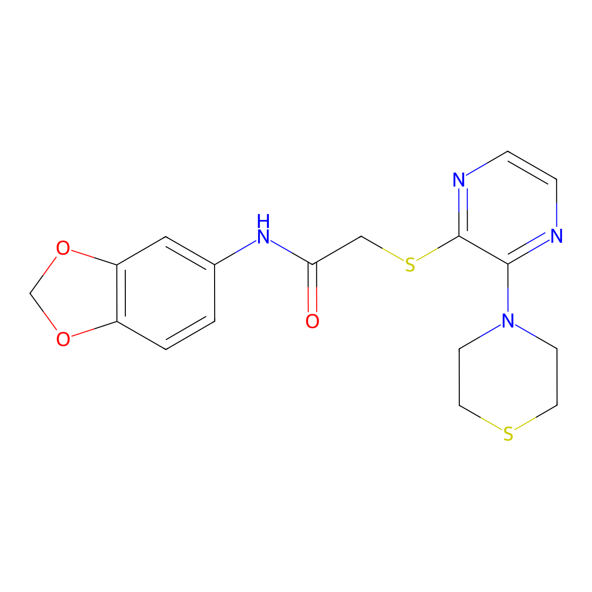 N-(2H-1,3-benzodioxol-5-yl)-2-{[3-(thiomorpholin-4-yl)pyrazin-2-yl]sulfanyl}acetamide molecular structure, CAS 1189507-42-3