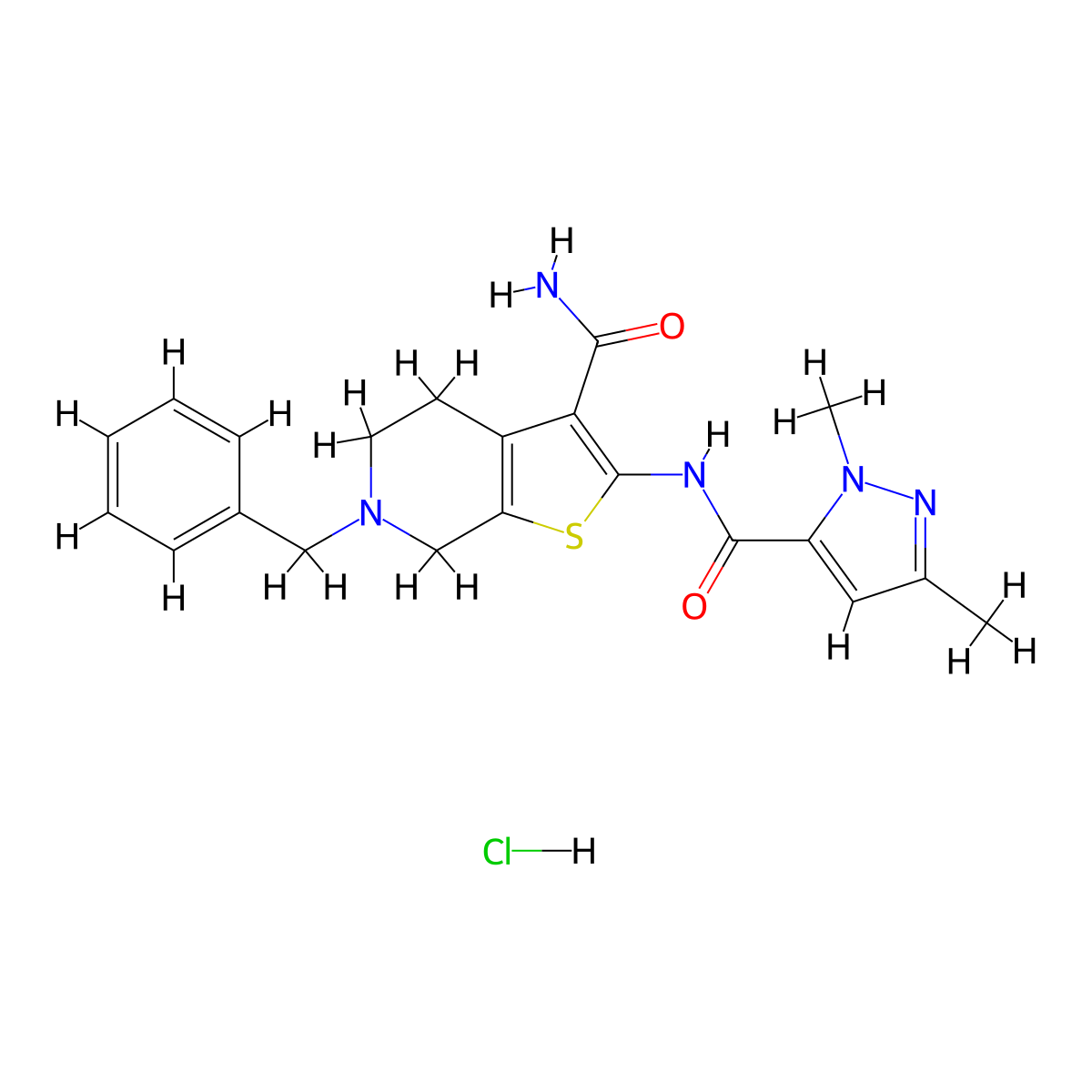 6-benzyl-2-(1,3-dimethyl-1H-pyrazole-5-carboxamido)-4,5,6,7-tetrahydrothieno[2,3-c]pyridine-3-carboxamide hydrochloride molecular structure, CAS 1189509-25-8