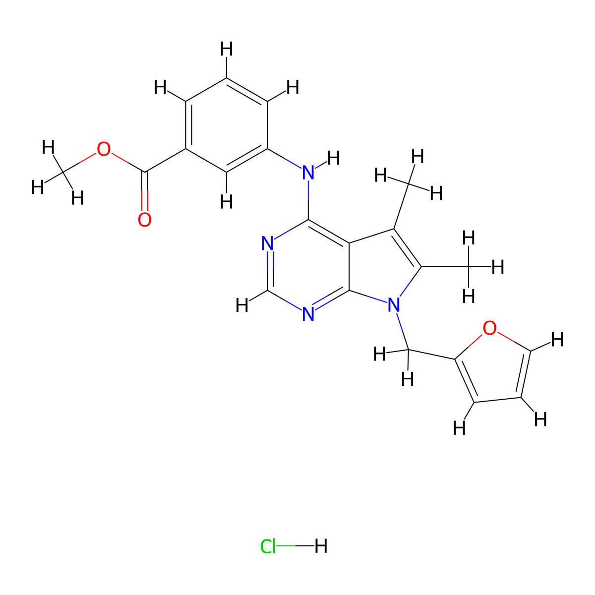 methyl 3-((7-(furan-2-ylmethyl)-5,6-dimethyl-7H-pyrrolo[2,3-d]pyrimidin-4-yl)amino)benzoate hydrochloride molecular structure, CAS 1189510-80-2