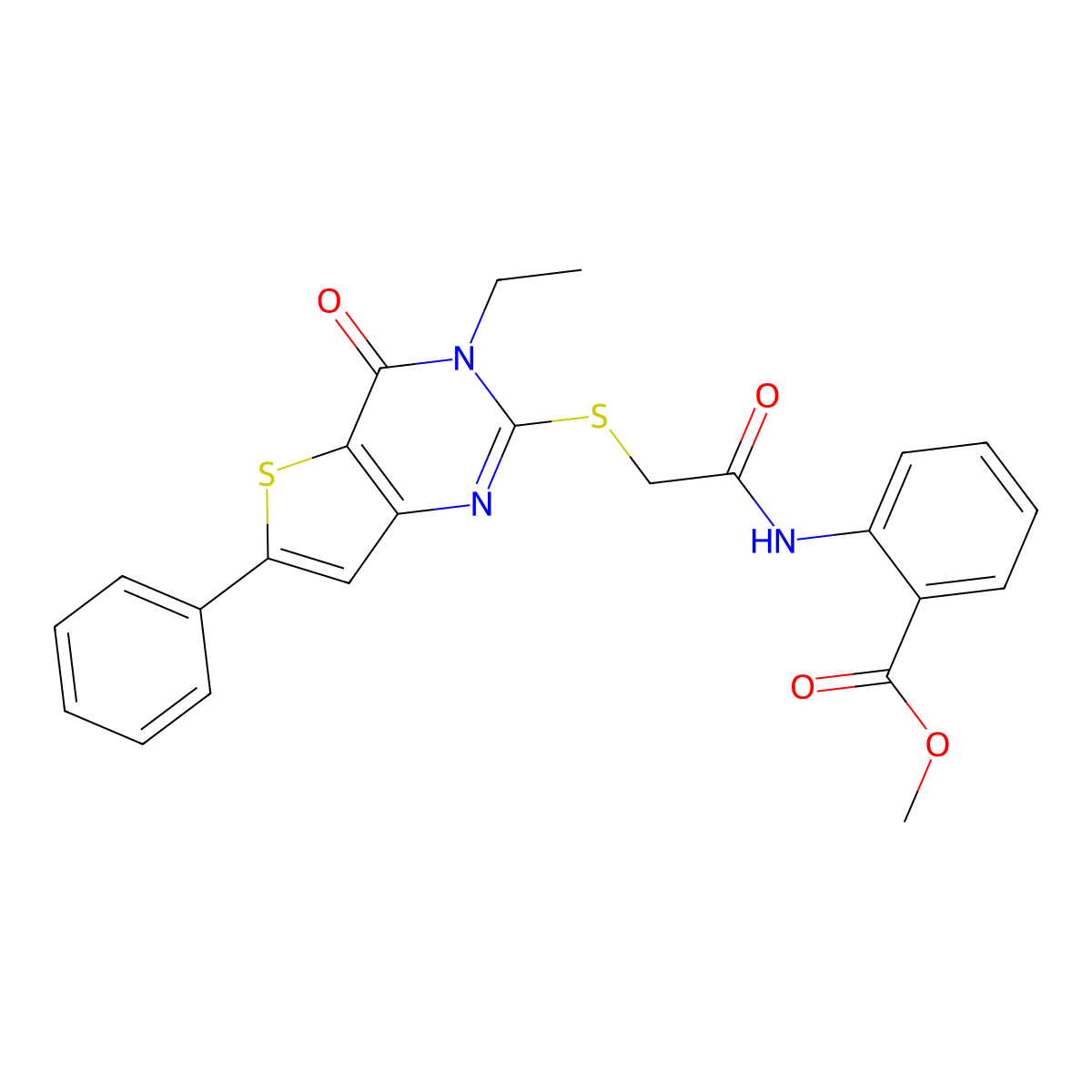 Methyl 2-(2-((3-ethyl-4-oxo-6-phenyl-3,4-dihydrothieno[3,2-d]pyrimidin-2-yl)thio)acetamido)benzoate molecular structure, CAS 1189642-84-9