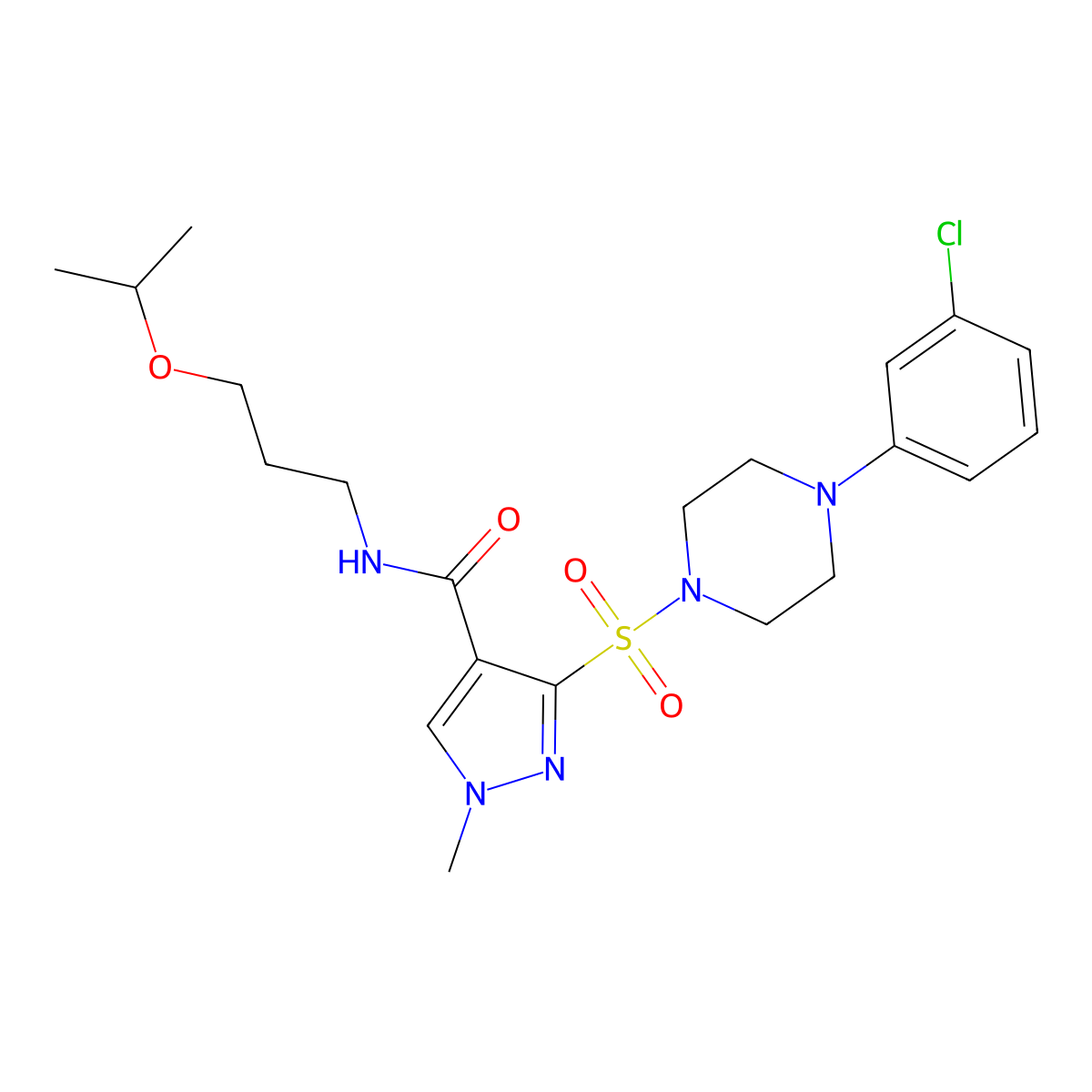 3-{[4-(3-chlorophenyl)piperazin-1-yl]sulfonyl}-1-methyl-N-[3-(propan-2-yloxy)propyl]-1H-pyrazole-4-carboxamide molecular structure, CAS 1189644-17-4