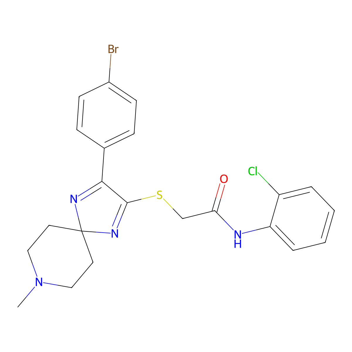 2-((3-(4-bromophenyl)-8-methyl-1,4,8-triazaspiro[4.5]deca-1,3-dien-2-yl)thio)-N-(2-chlorophenyl)acetamide molecular structure, CAS 1189644-29-8