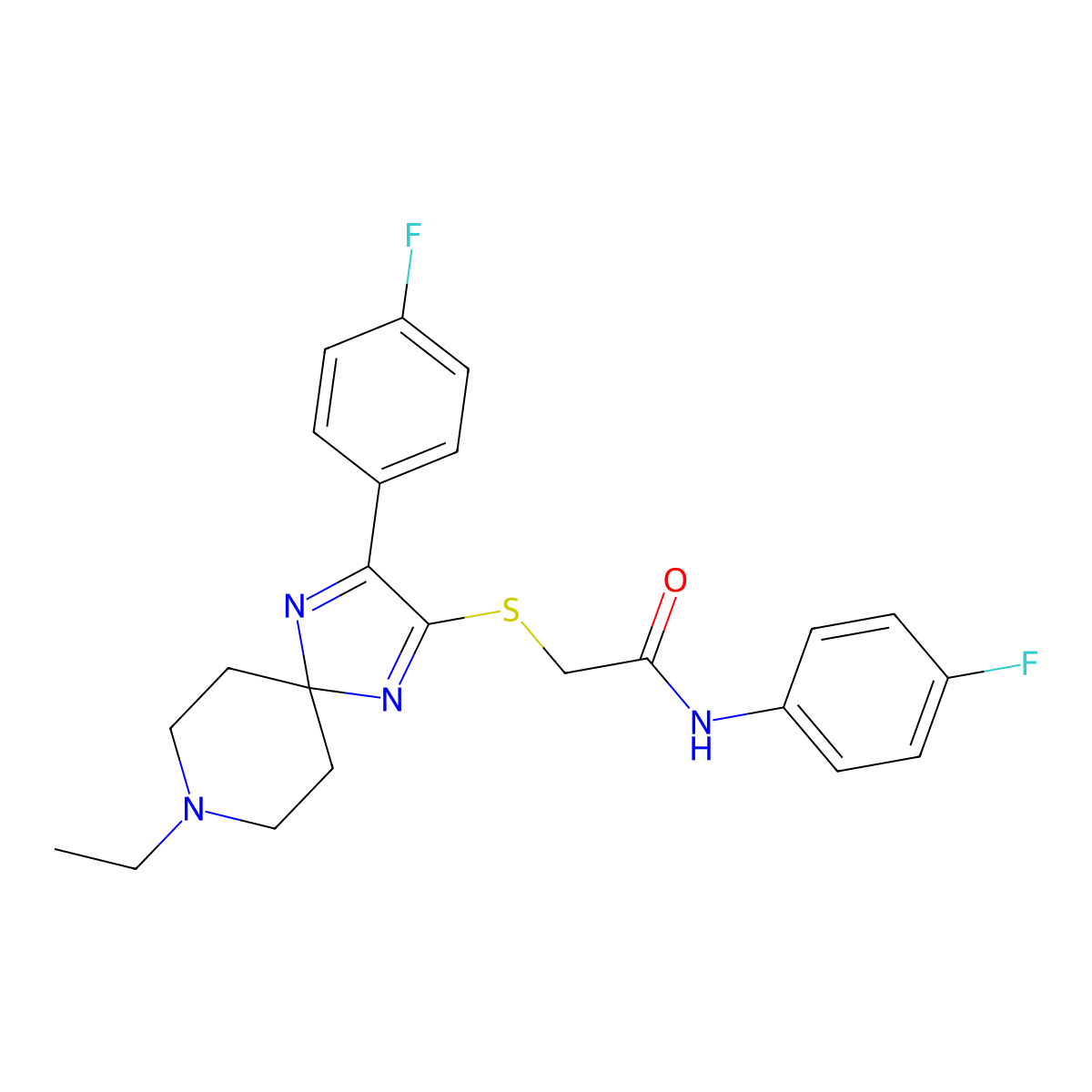 2-((8-ethyl-3-(4-fluorophenyl)-1,4,8-triazaspiro[4.5]deca-1,3-dien-2-yl)thio)-N-(4-fluorophenyl)acetamide molecular structure, CAS 1189647-28-6