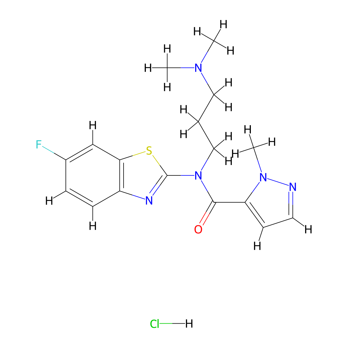 N-(3-(dimethylamino)propyl)-N-(6-fluorobenzo[d]thiazol-2-yl)-1-methyl-1H-pyrazole-5-carboxamide hydrochloride molecular structure, CAS 1189647-44-6
