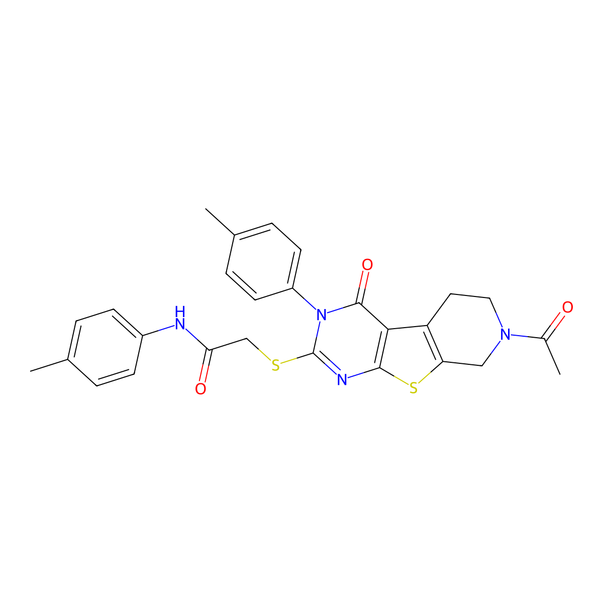 2-{[11-acetyl-4-(4-methylphenyl)-3-oxo-8-thia-4,6,11-triazatricyclo[7.4.0.0^{2,7}]trideca-1(9),2(7),5-trien-5-yl]sulfanyl}-N-(4-methylphenyl)acetamide molecular structure, CAS 1189647-63-9