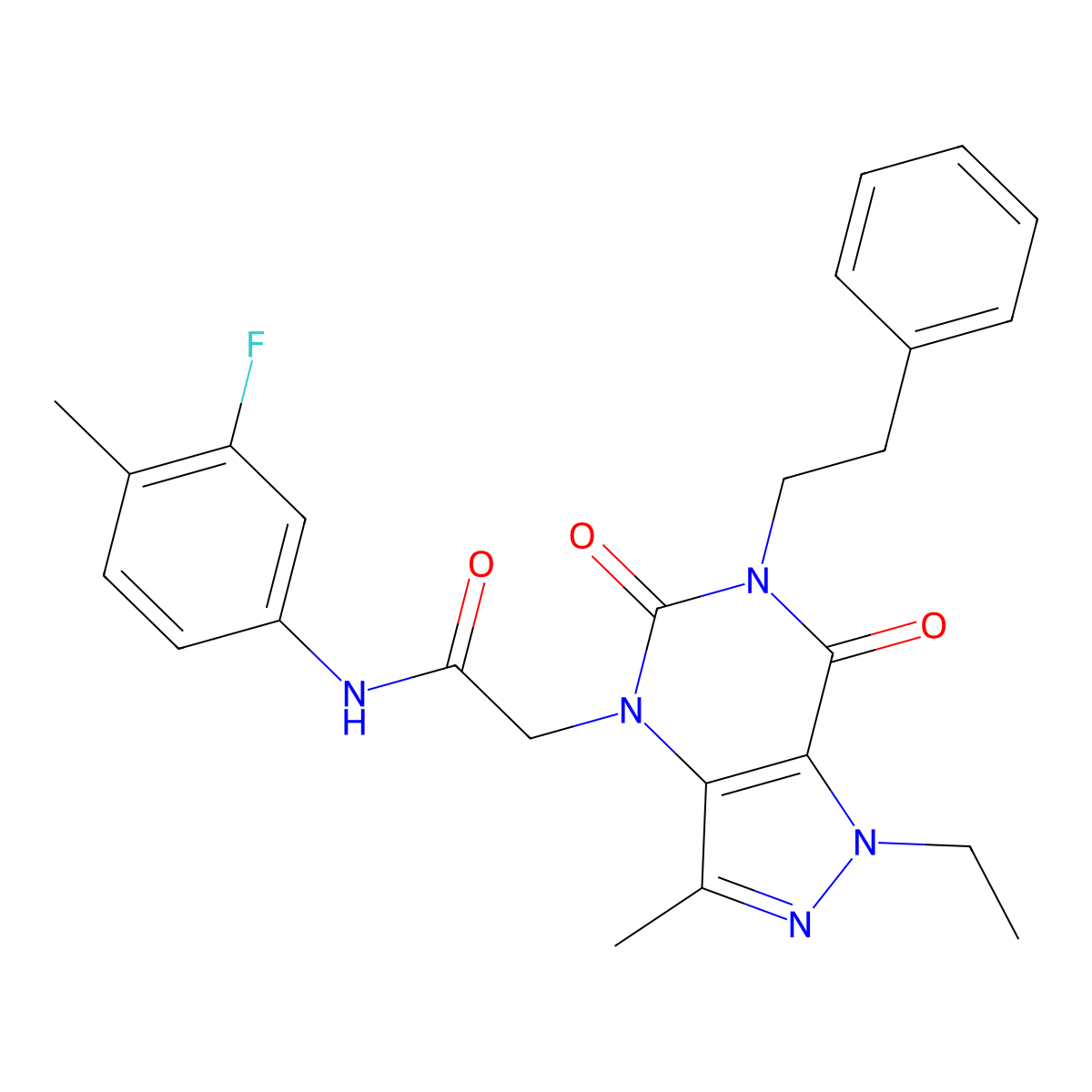2-(1-ethyl-3-methyl-5,7-dioxo-6-phenethyl-6,7-dihydro-1H-pyrazolo[4,3-d]pyrimidin-4(5H)-yl)-N-(3-fluoro-4-methylphenyl)acetamide molecular structure, CAS 1189649-40-8
