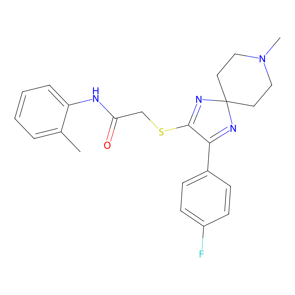 2-{[3-(4-fluorophenyl)-8-methyl-1,4,8-triazaspiro[4.5]deca-1,3-dien-2-yl]sulfanyl}-N-(2-methylphenyl)acetamide molecular structure, CAS 1189650-30-3