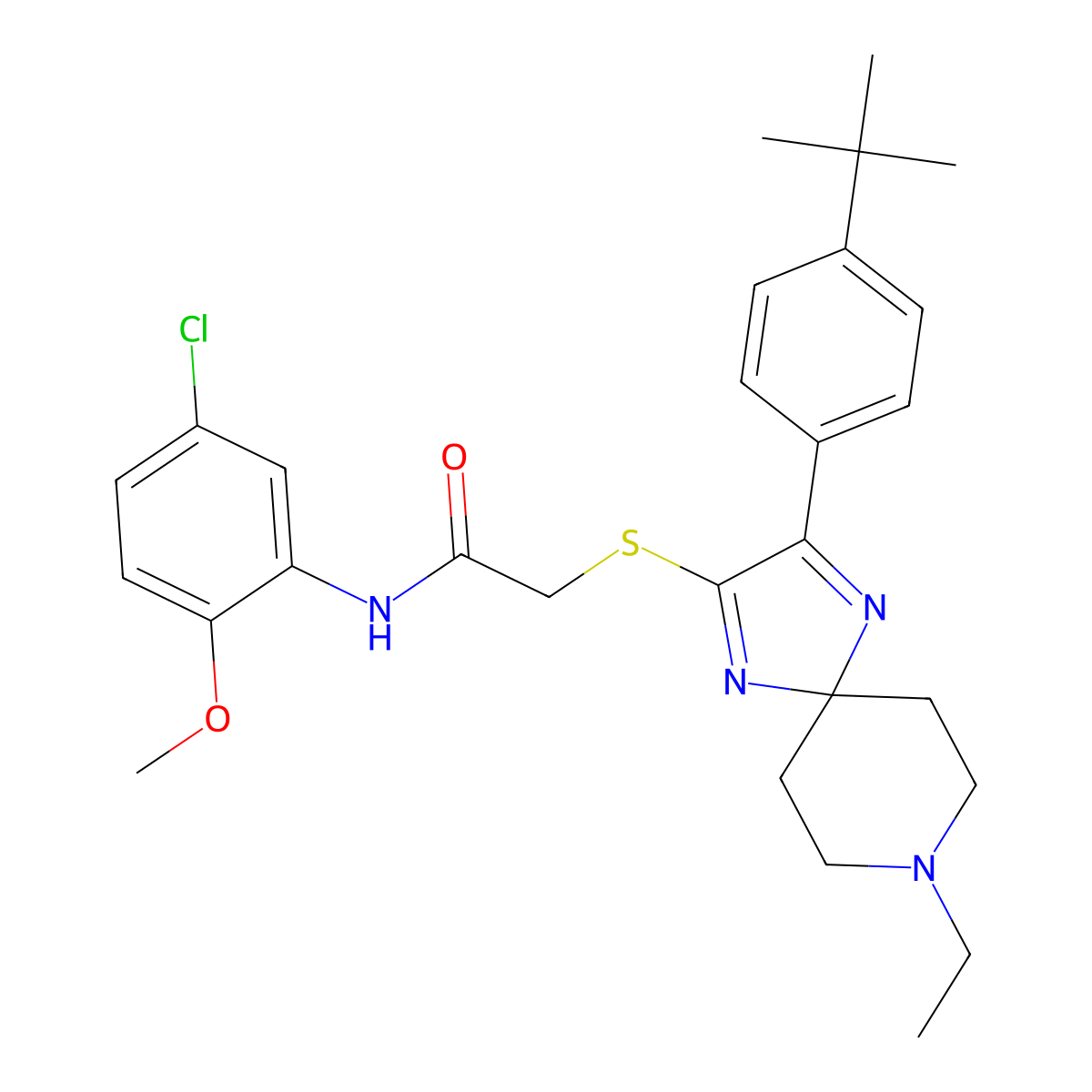 2-{[3-(4-tert-butylphenyl)-8-ethyl-1,4,8-triazaspiro[4.5]deca-1,3-dien-2-yl]sulfanyl}-N-(5-chloro-2-methoxyphenyl)acetamide molecular structure, CAS 1189652-18-3