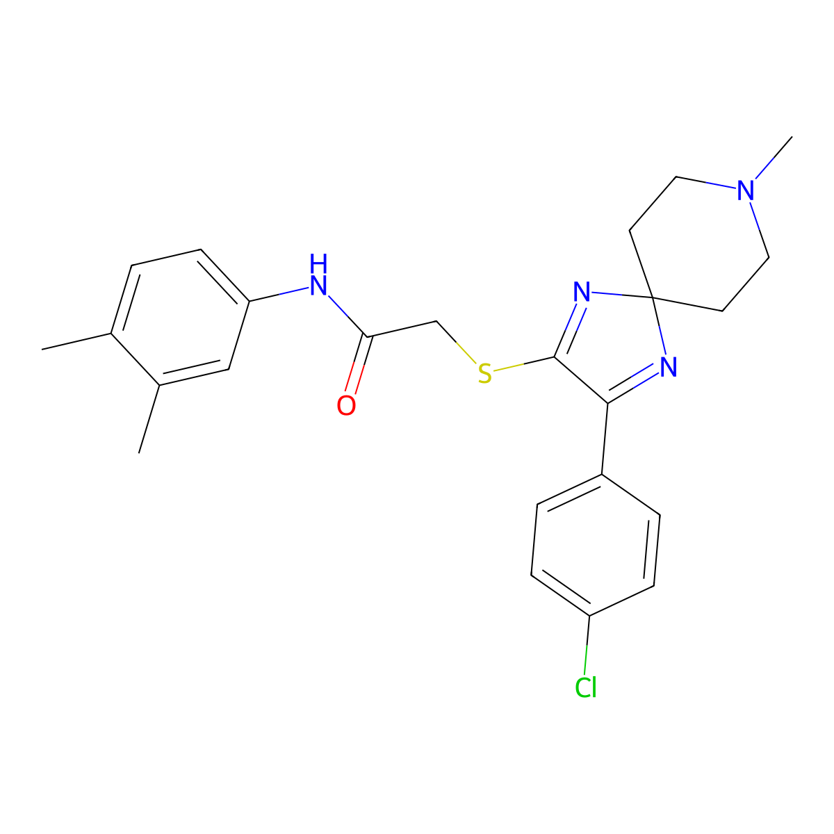2-{[3-(4-Chlorophenyl)-8-methyl-1,4,8-triazaspiro[4.5]deca-1,3-dien-2-YL]sulfanyl}-N-(3,4-dimethylphenyl)acetamide molecular structure, CAS 1189655-05-7