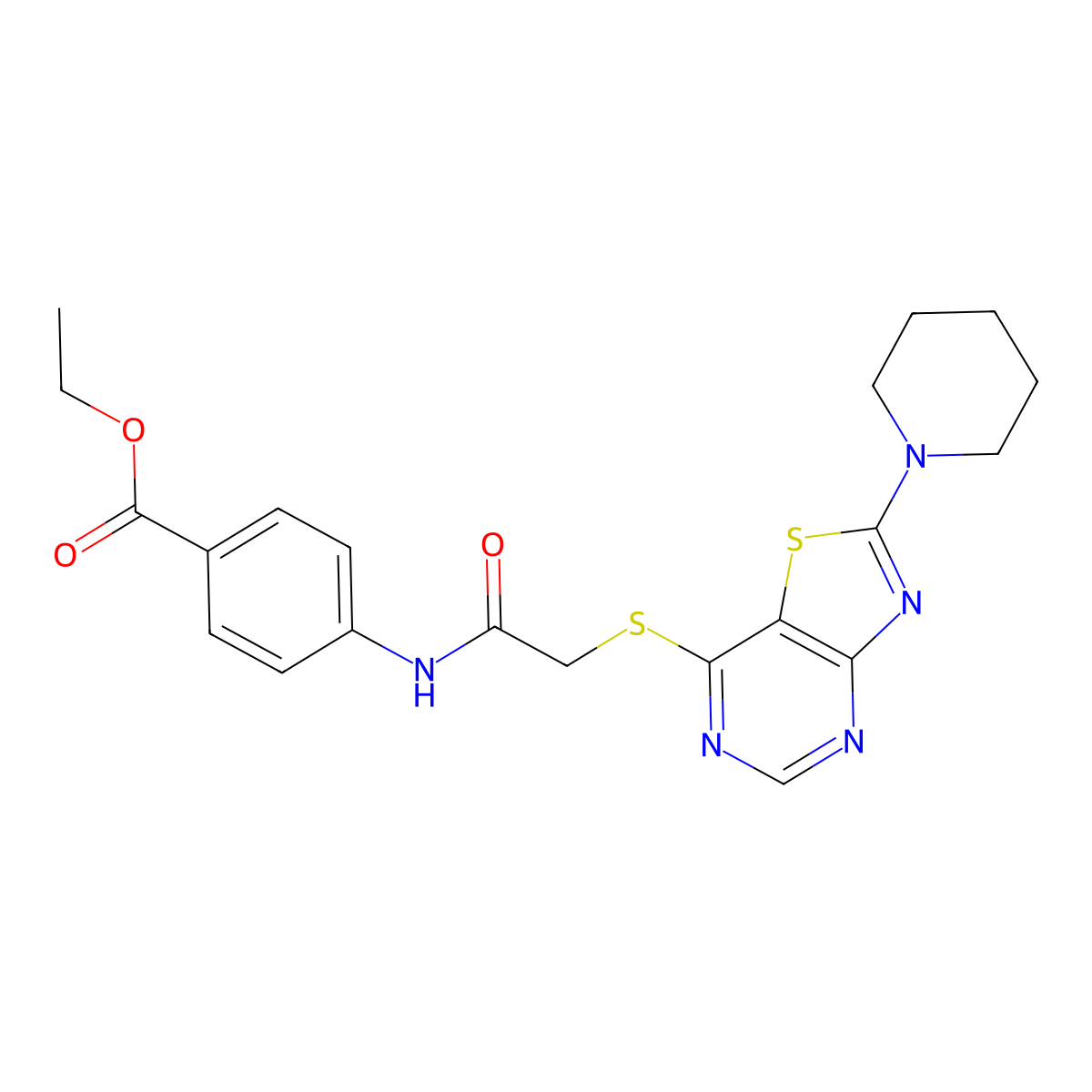 Ethyl 4-(2-((2-(piperidin-1-yl)thiazolo[4,5-d]pyrimidin-7-yl)thio)acetamido)benzoate molecular structure, CAS 1189658-55-6