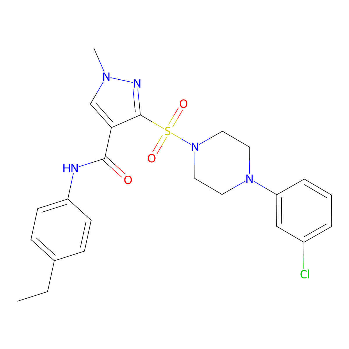 3-{[4-(3-chlorophenyl)piperazin-1-yl]sulfonyl}-N-(4-ethylphenyl)-1-methyl-1H-pyrazole-4-carboxamide molecular structure, CAS 1189659-23-1