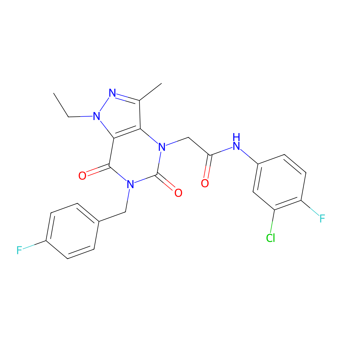 N-(3-chloro-4-fluorophenyl)-2-(1-ethyl-6-(4-fluorobenzyl)-3-methyl-5,7-dioxo-6,7-dihydro-1H-pyrazolo[4,3-d]pyrimidin-4(5H)-yl)acetamide molecular structure, CAS 1189659-33-3