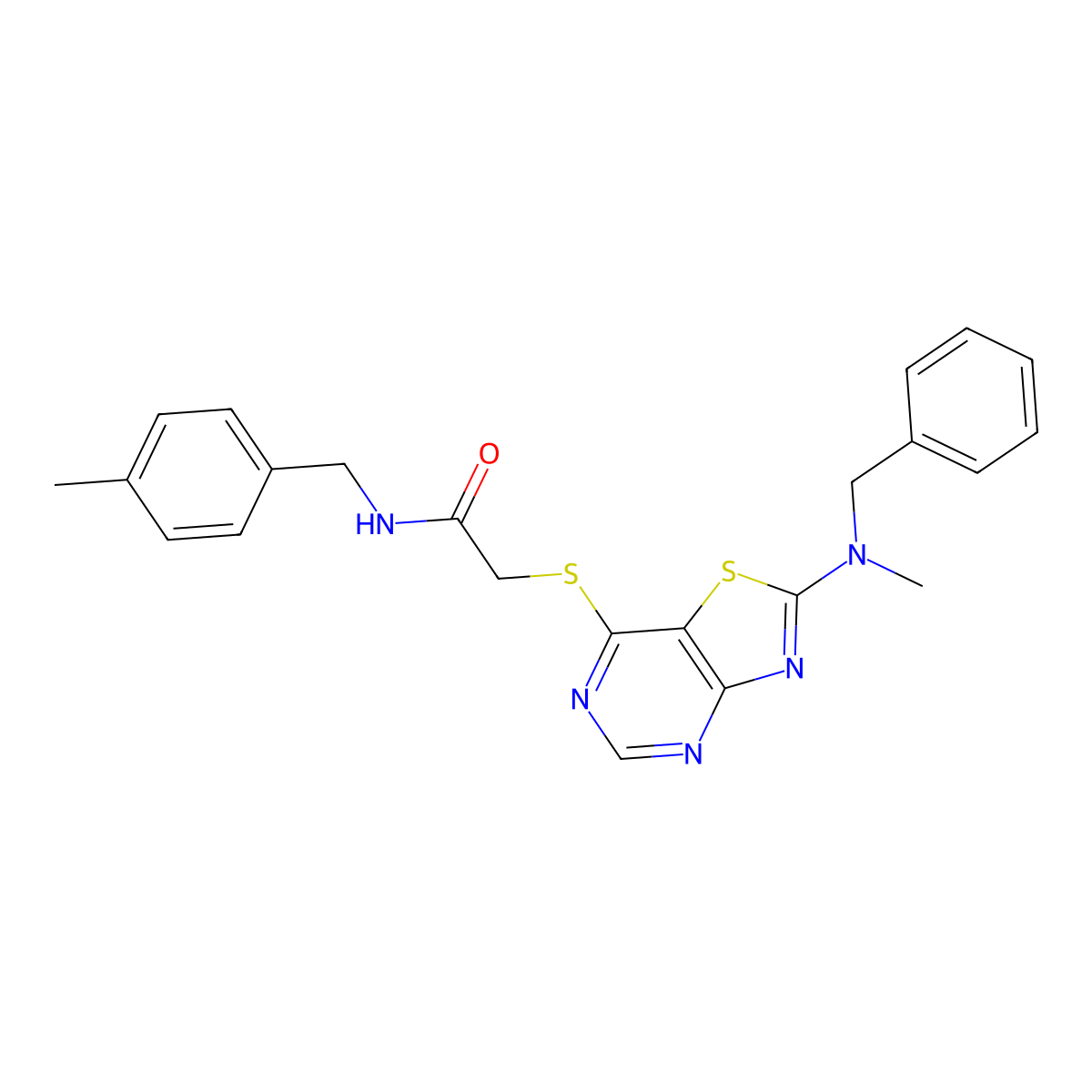 2-((2-(benzyl(methyl)amino)thiazolo[4,5-d]pyrimidin-7-yl)thio)-N-(4-methylbenzyl)acetamide molecular structure, CAS 1189659-90-2