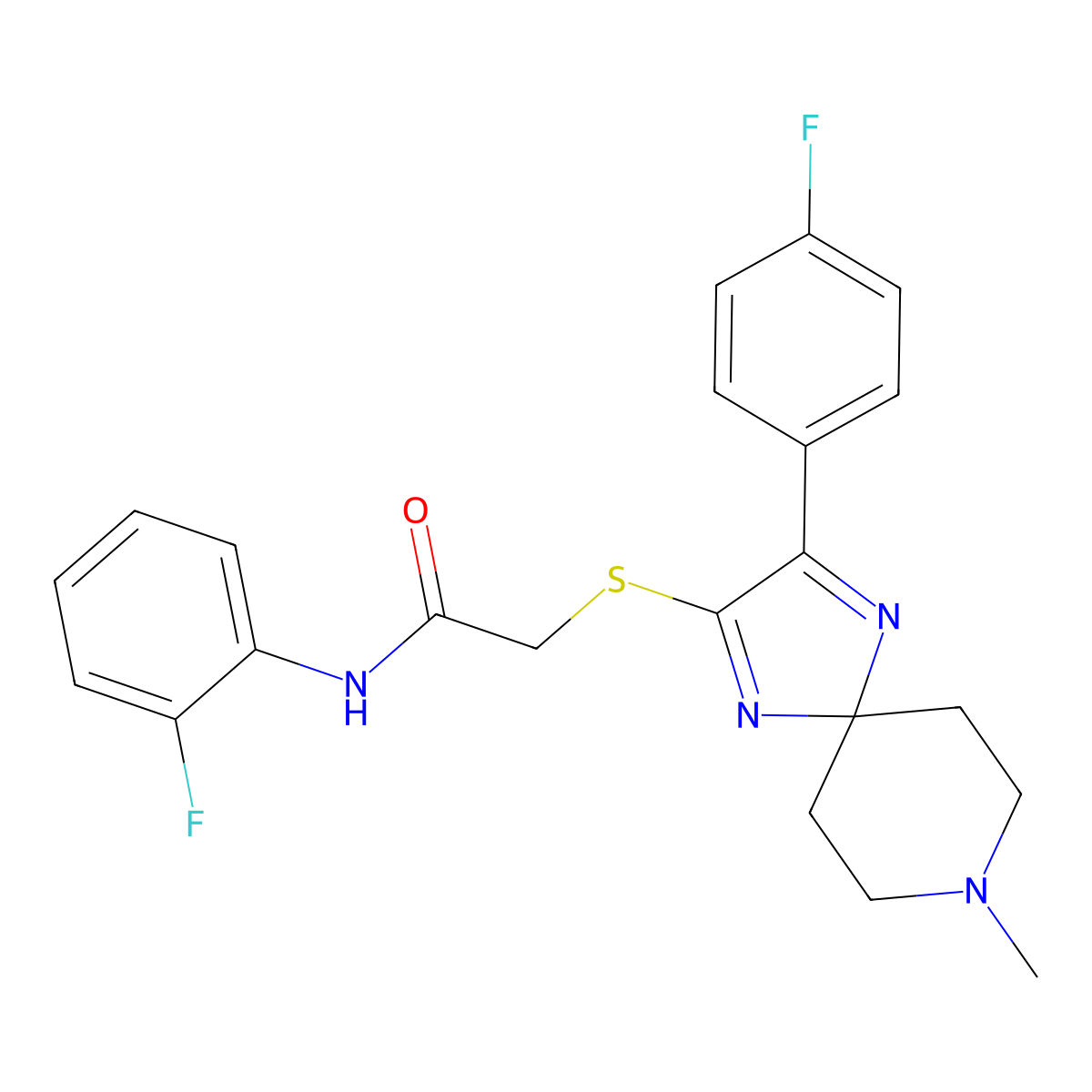 N-(2-fluorophenyl)-2-((3-(4-fluorophenyl)-8-methyl-1,4,8-triazaspiro[4.5]deca-1,3-dien-2-yl)thio)acetamide molecular structure, CAS 1189660-38-5