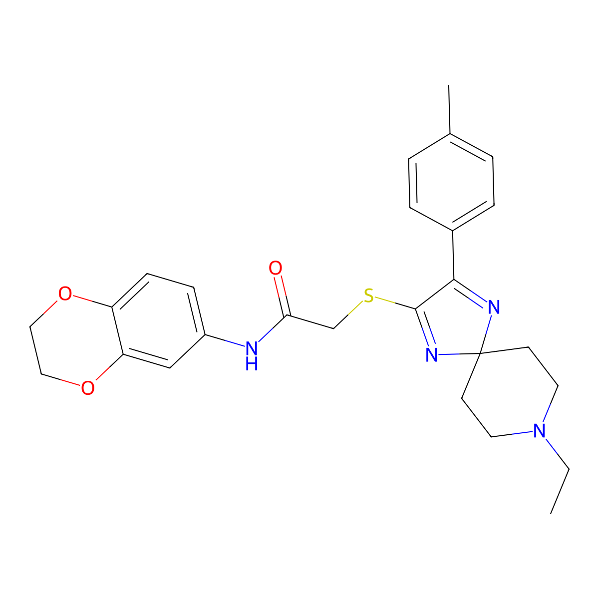 N-(2,3-dihydrobenzo[b][1,4]dioxin-6-yl)-2-((8-ethyl-3-(p-tolyl)-1,4,8-triazaspiro[4.5]deca-1,3-dien-2-yl)thio)acetamide molecular structure, CAS 1189660-52-3