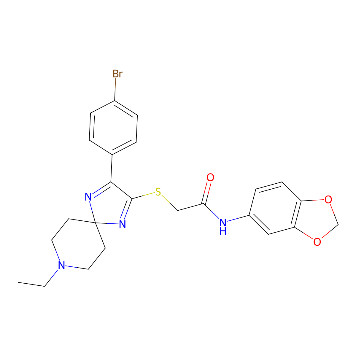 N-(2H-1,3-benzodioxol-5-yl)-2-{[3-(4-bromophenyl)-8-ethyl-1,4,8-triazaspiro[4.5]deca-1,3-dien-2-yl]sulfanyl}acetamide molecular structure, CAS 1189663-44-2