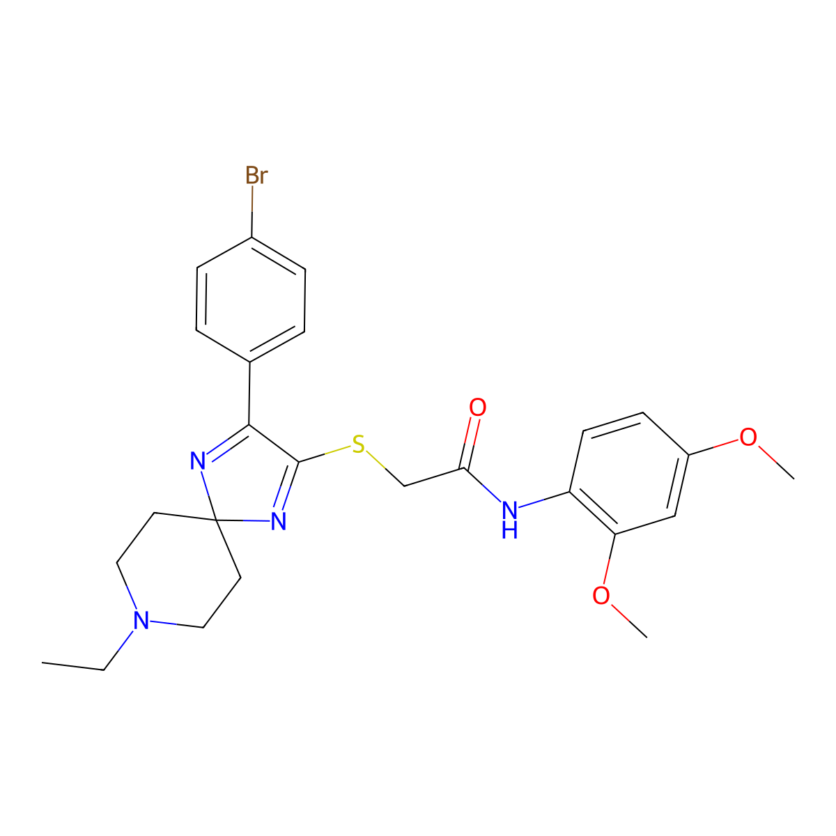 2-((3-(4-bromophenyl)-8-ethyl-1,4,8-triazaspiro[4.5]deca-1,3-dien-2-yl)thio)-N-(2,4-dimethoxyphenyl)acetamide molecular structure, CAS 1189664-59-2